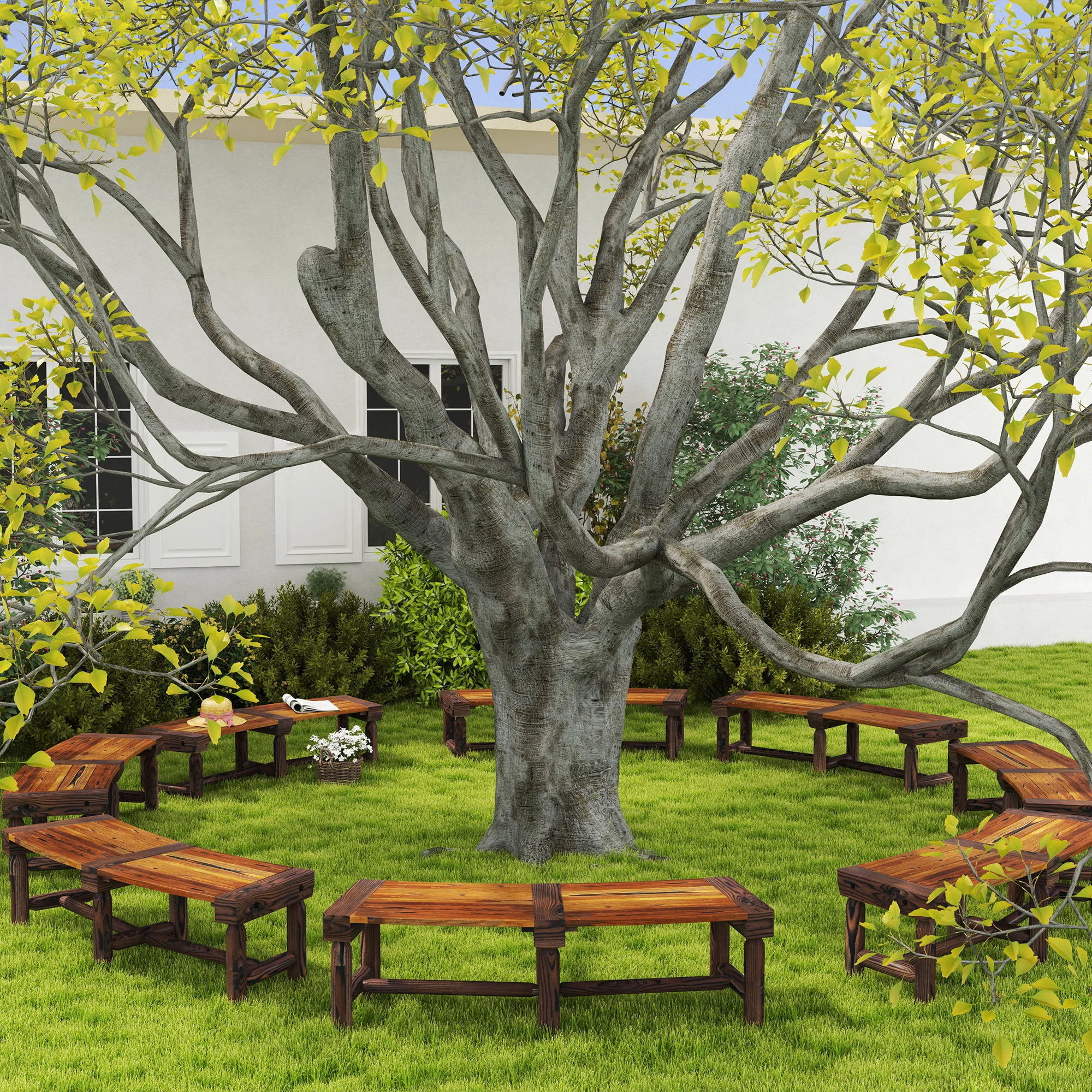 Semicircular Wooden Outdoor Bench, Wrap-Around Tree Seat for Yard, Patio, Brown - Image 10