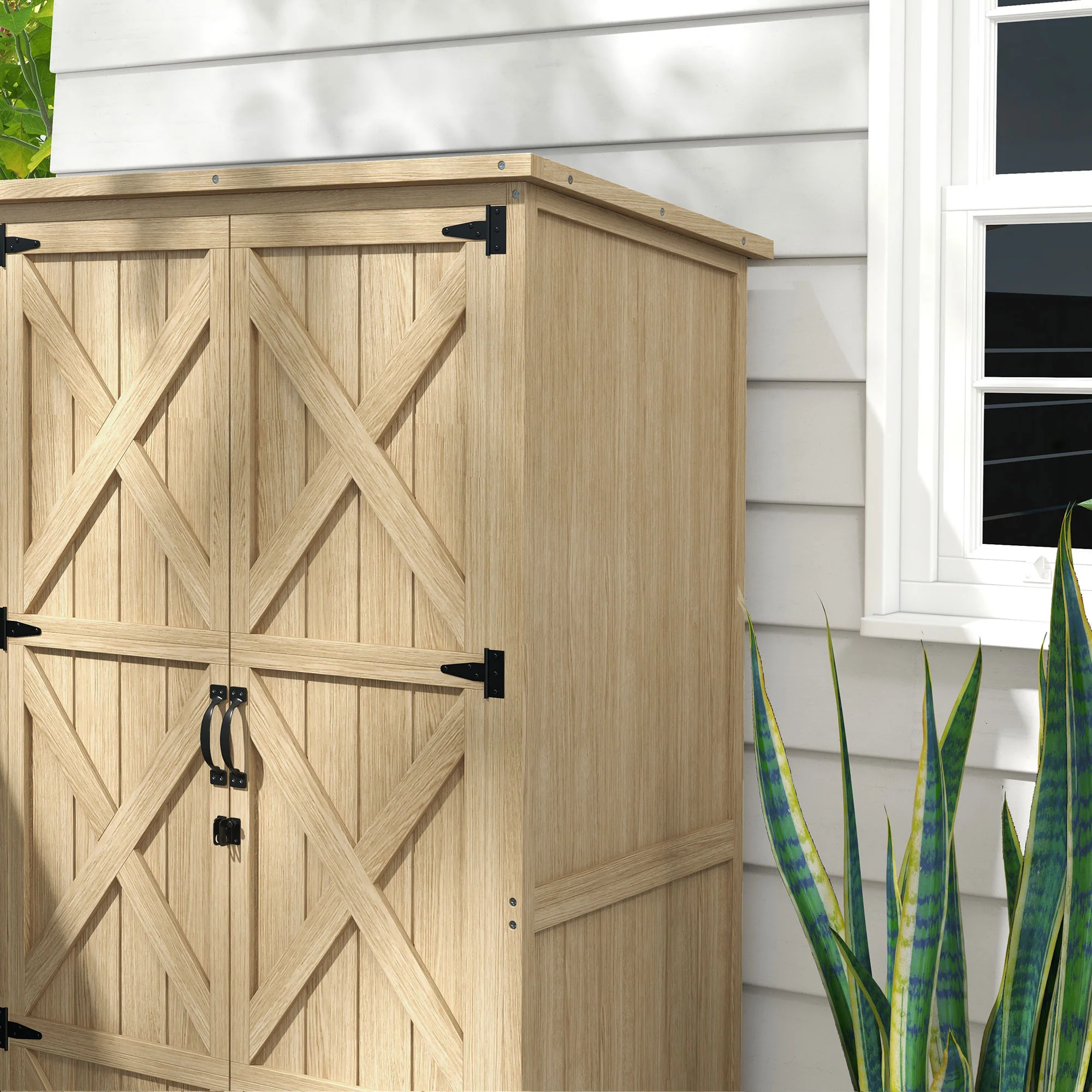 Vertical Wood Storage Cabinet with Waterproof Asphalt Roof & Lockable Doors, Natural - Image 10