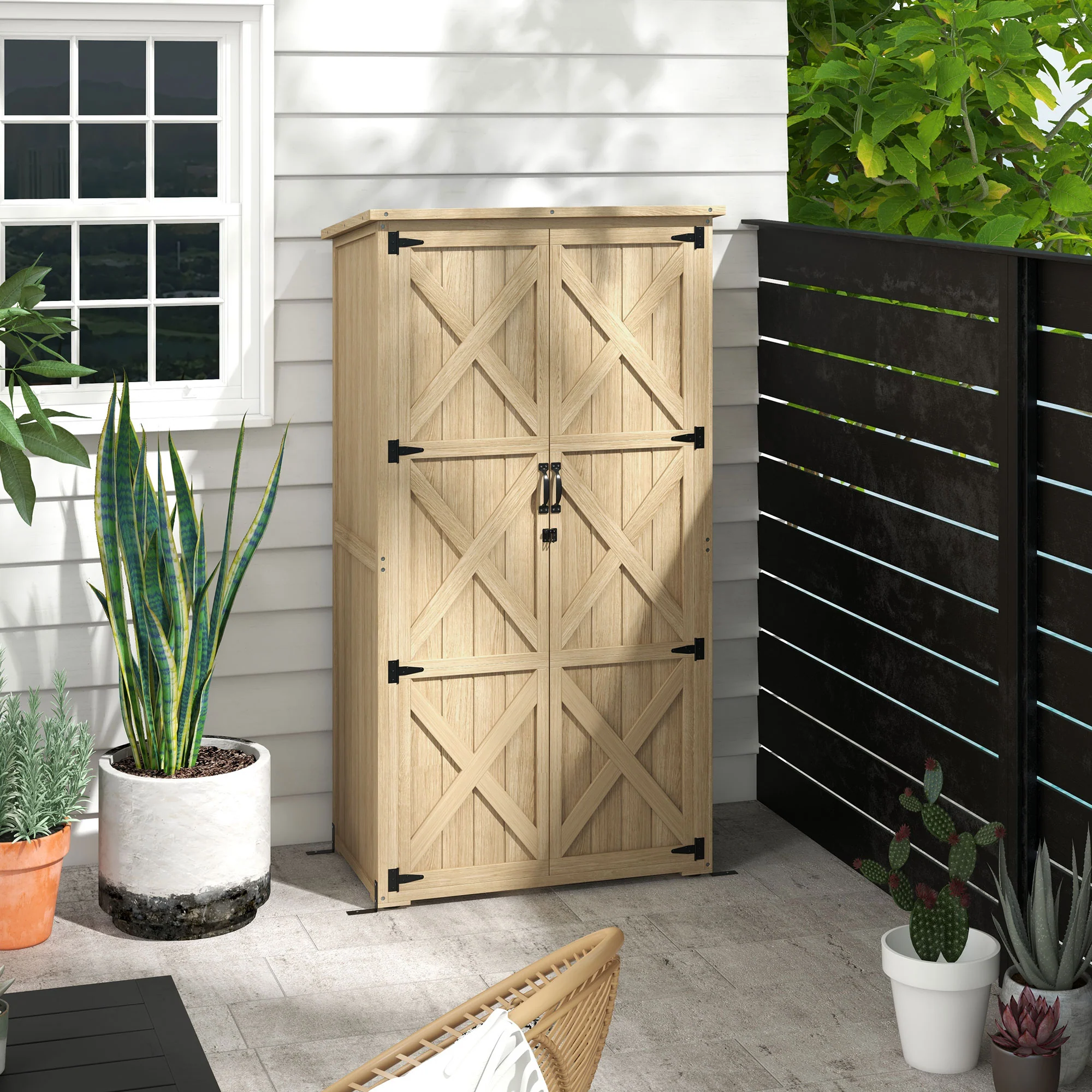 Vertical Wood Storage Cabinet with Waterproof Asphalt Roof & Lockable Doors, Natural - Image 3