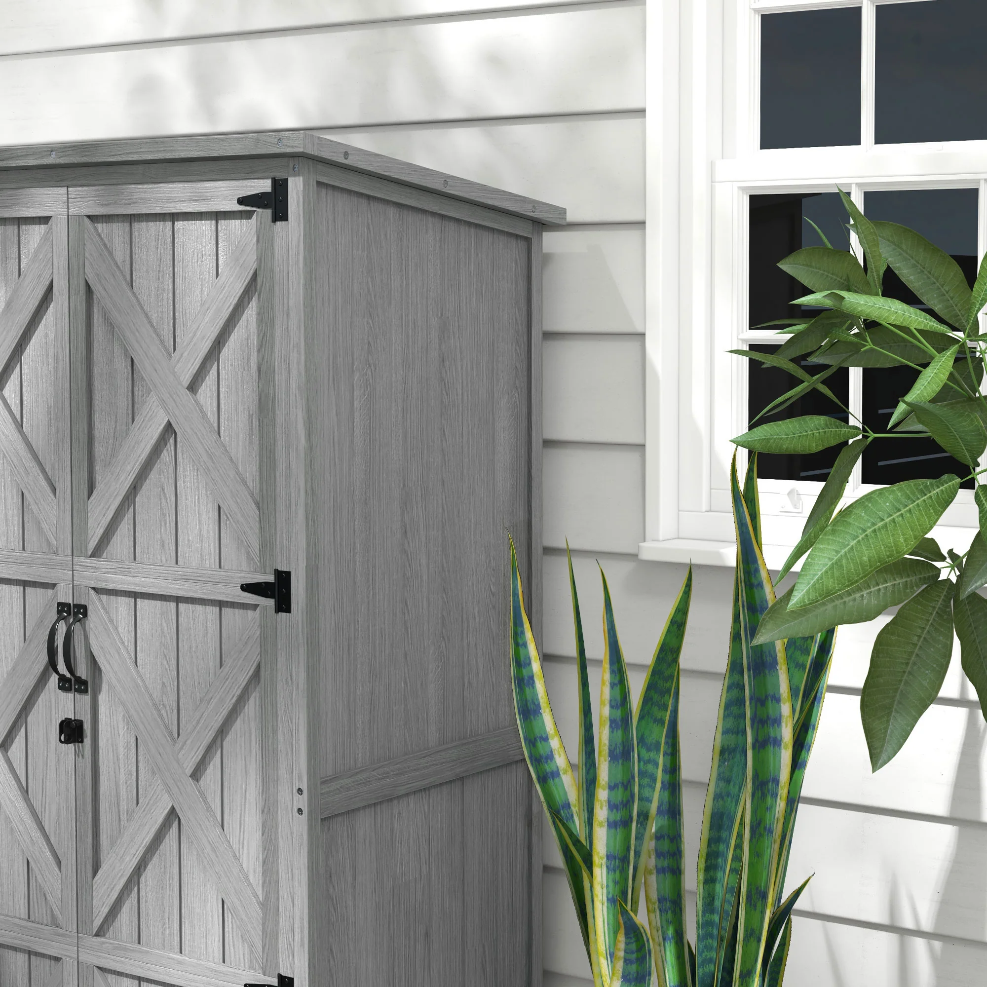 Vertical Wood Storage Cabinet with Waterproof Asphalt Roof & Lockable Doors, Gray - Image 10