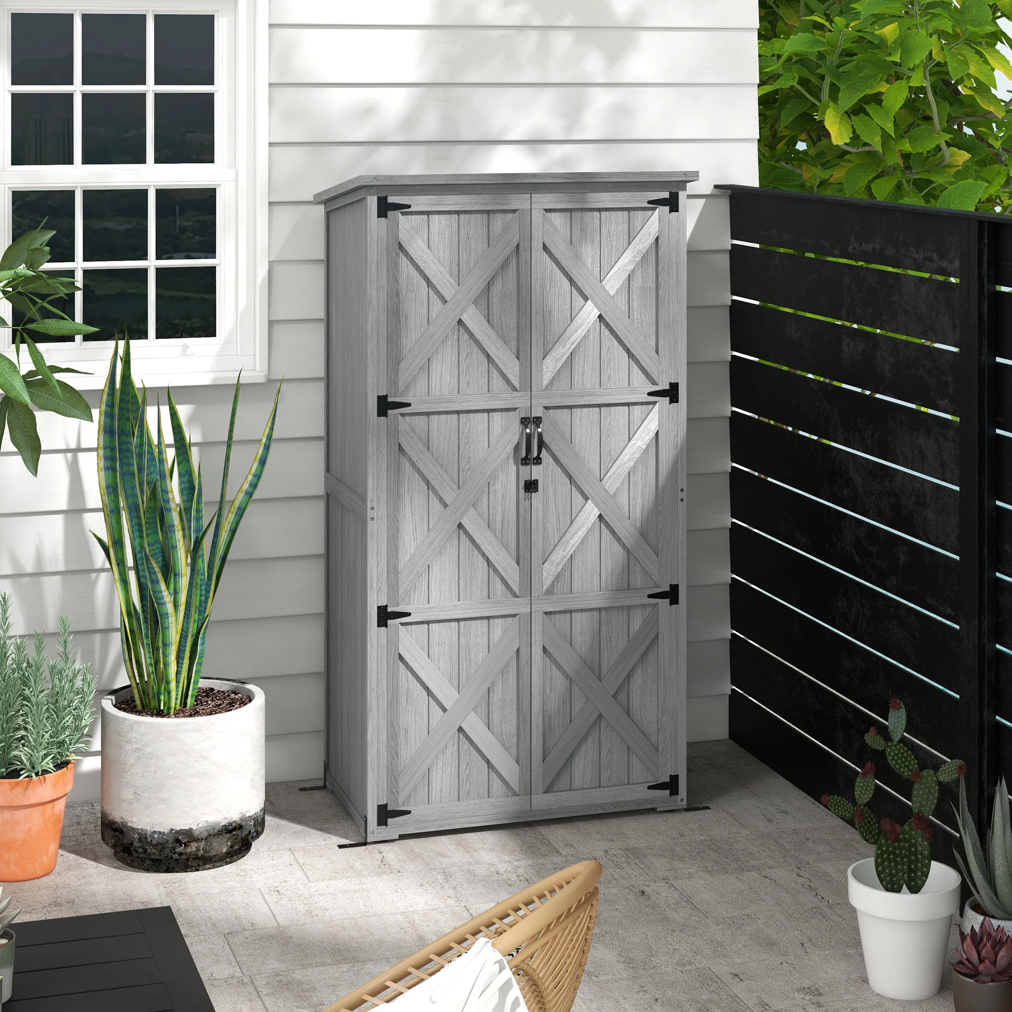 Vertical Wood Storage Cabinet with Waterproof Asphalt Roof & Lockable Doors, Gray - Image 3