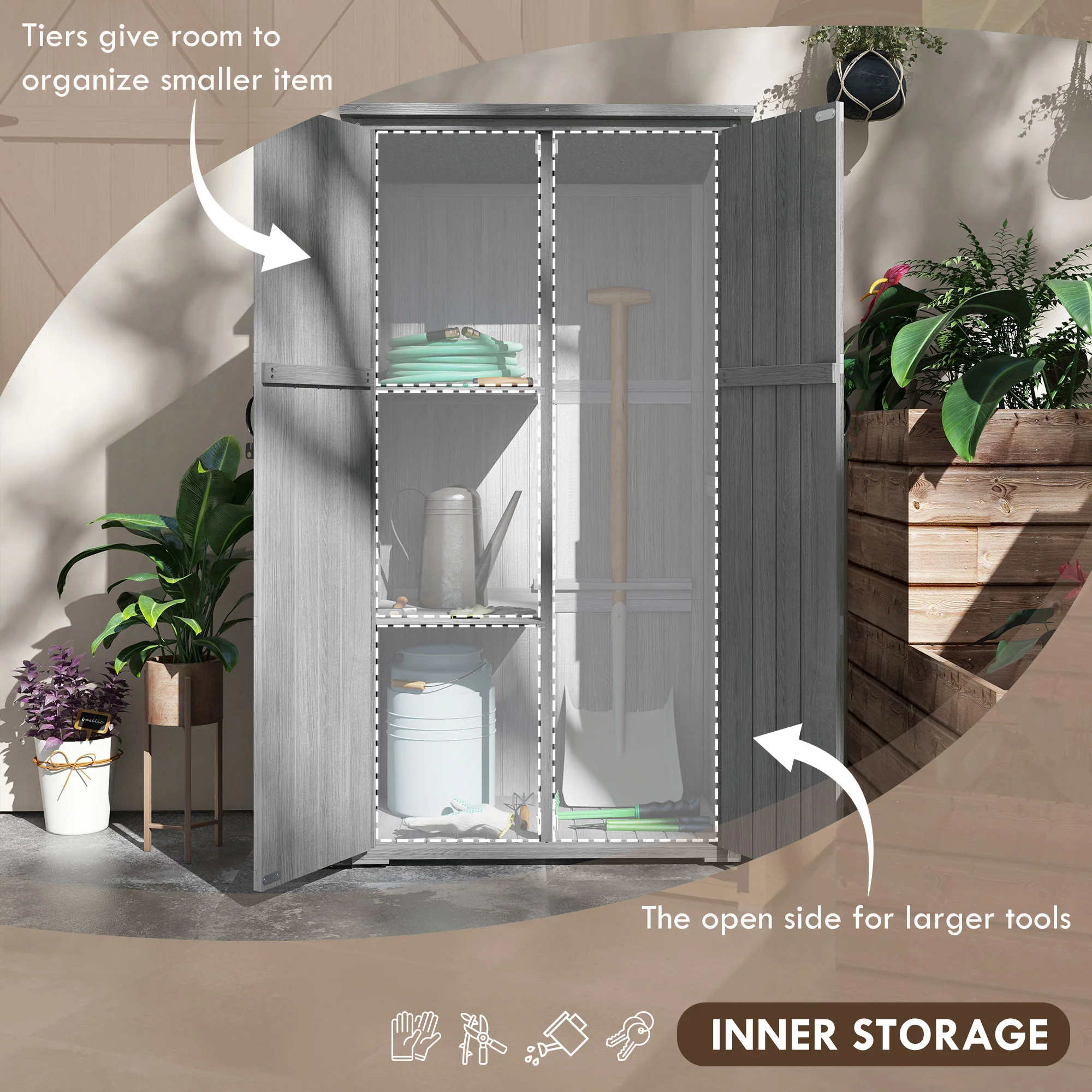 Vertical Wood Storage Cabinet with Waterproof Asphalt Roof & Lockable Doors, Gray - Image 6
