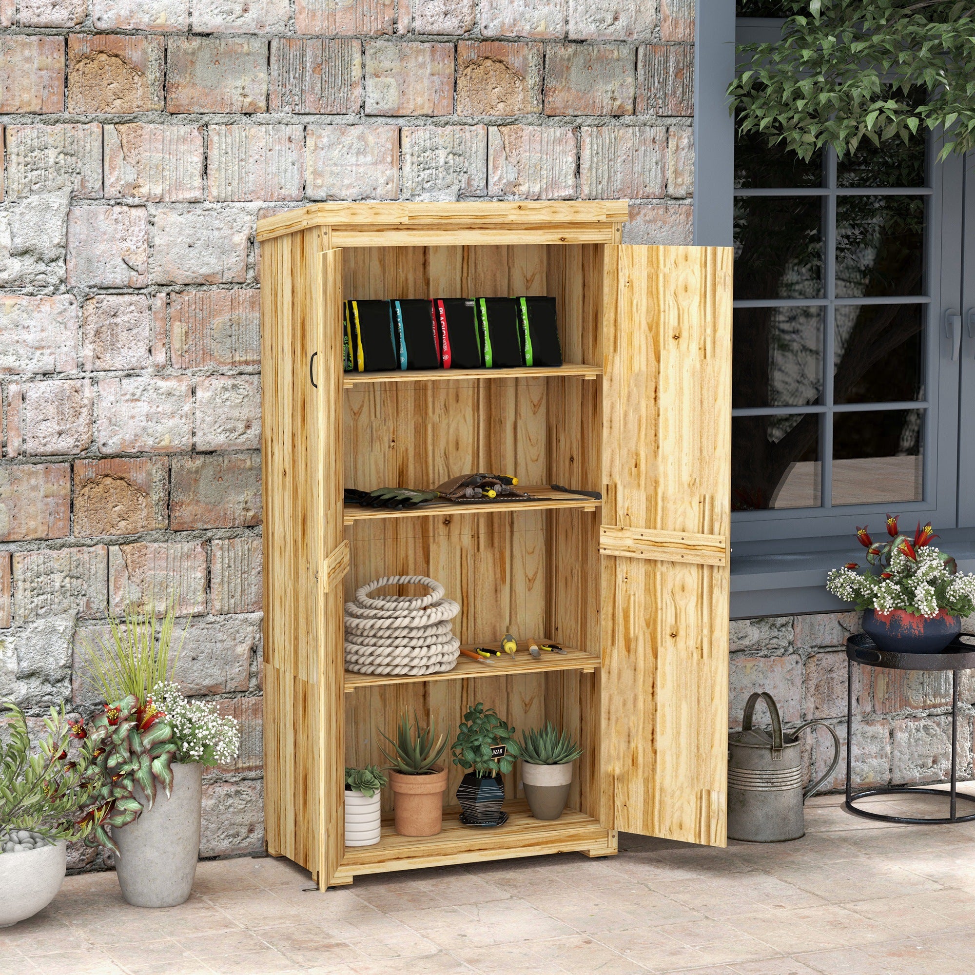 Wooden Storage Shed with Waterproof Galvanized Metal Roof & Lockable Door, Natural - Image 3