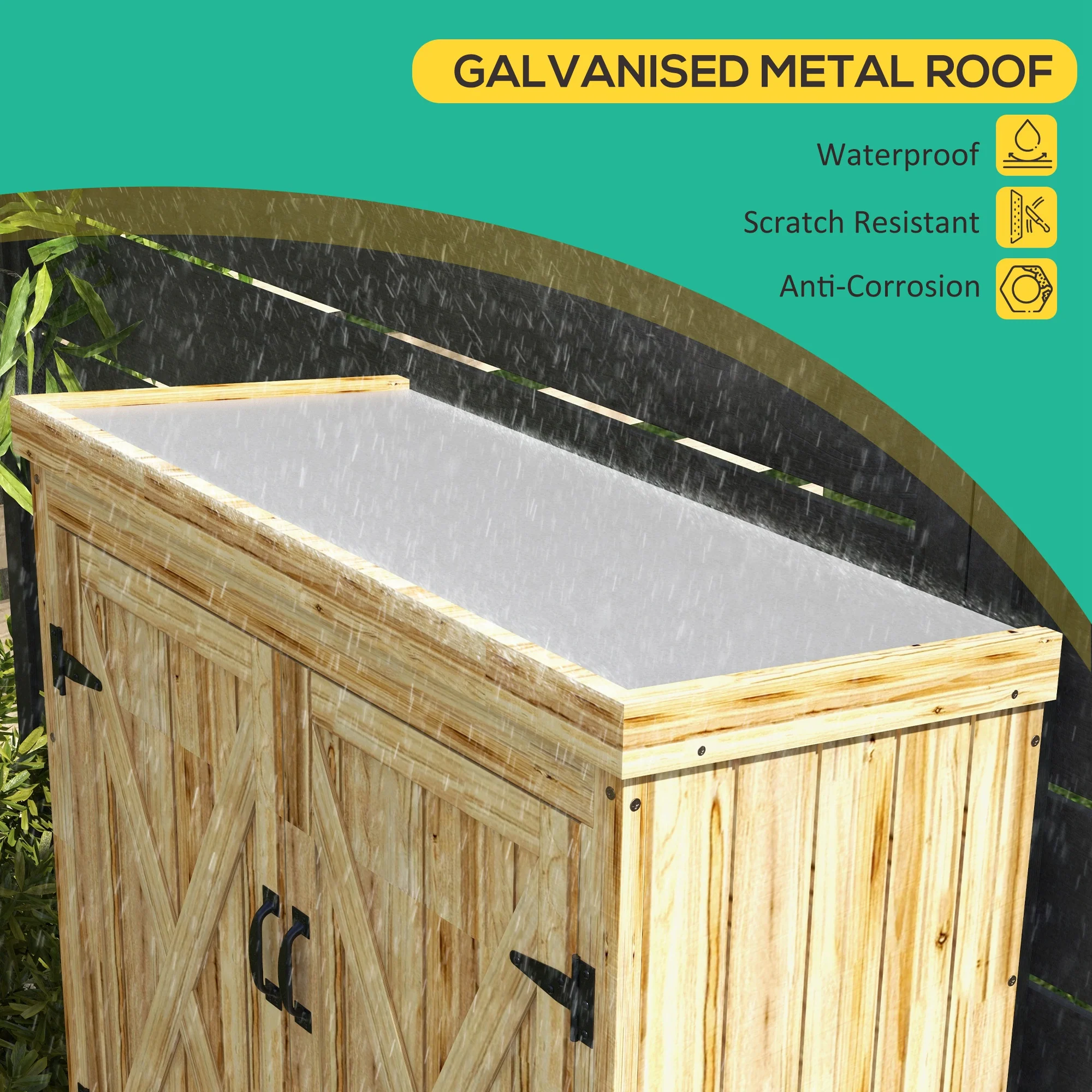 Wooden Storage Shed with Waterproof Galvanized Metal Roof & Lockable Door, Natural - Image 6