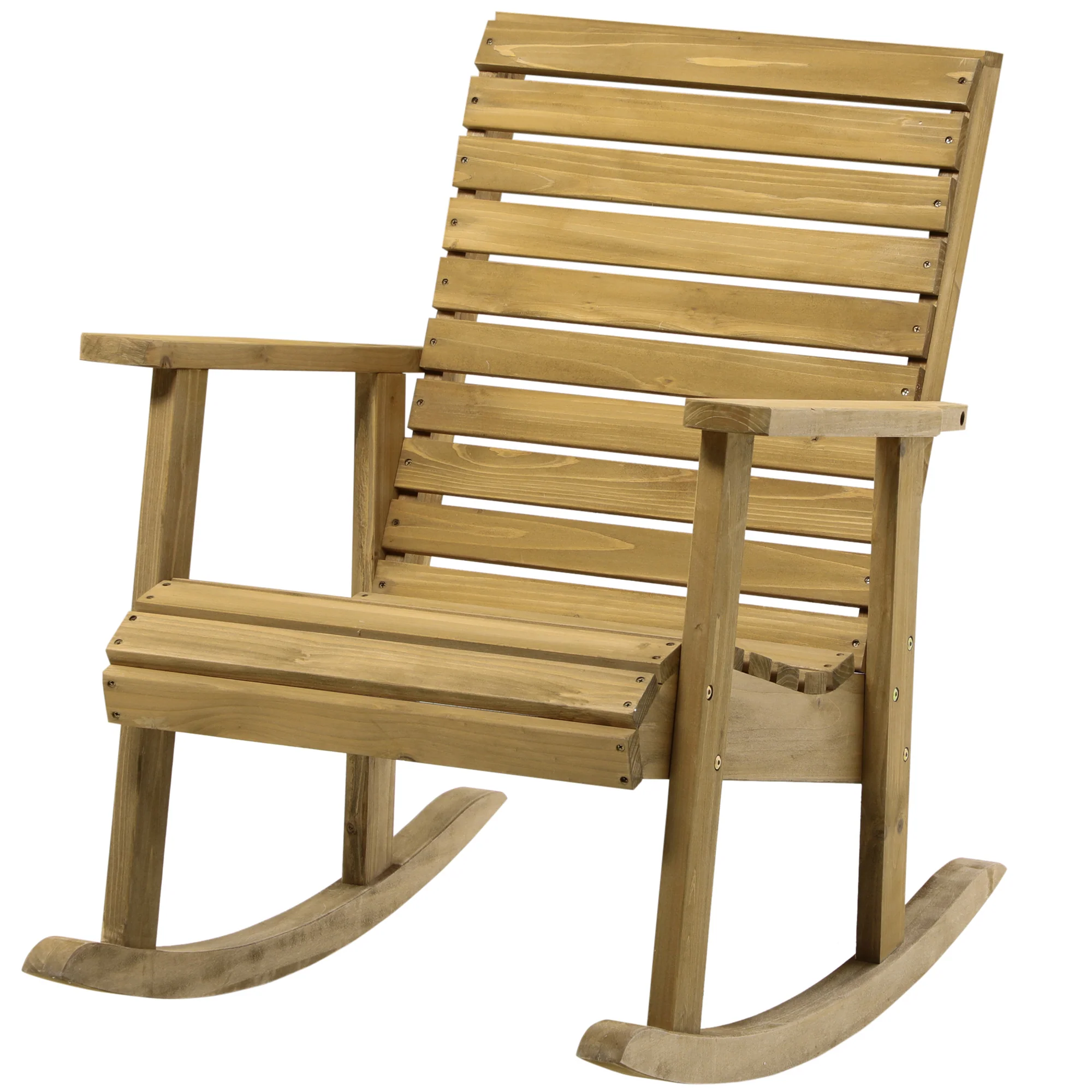 High-Back Traditional Slatted Wood Rocking Chair with Armrests for Indoor/Outdoor Use, Light Brown - Image 2