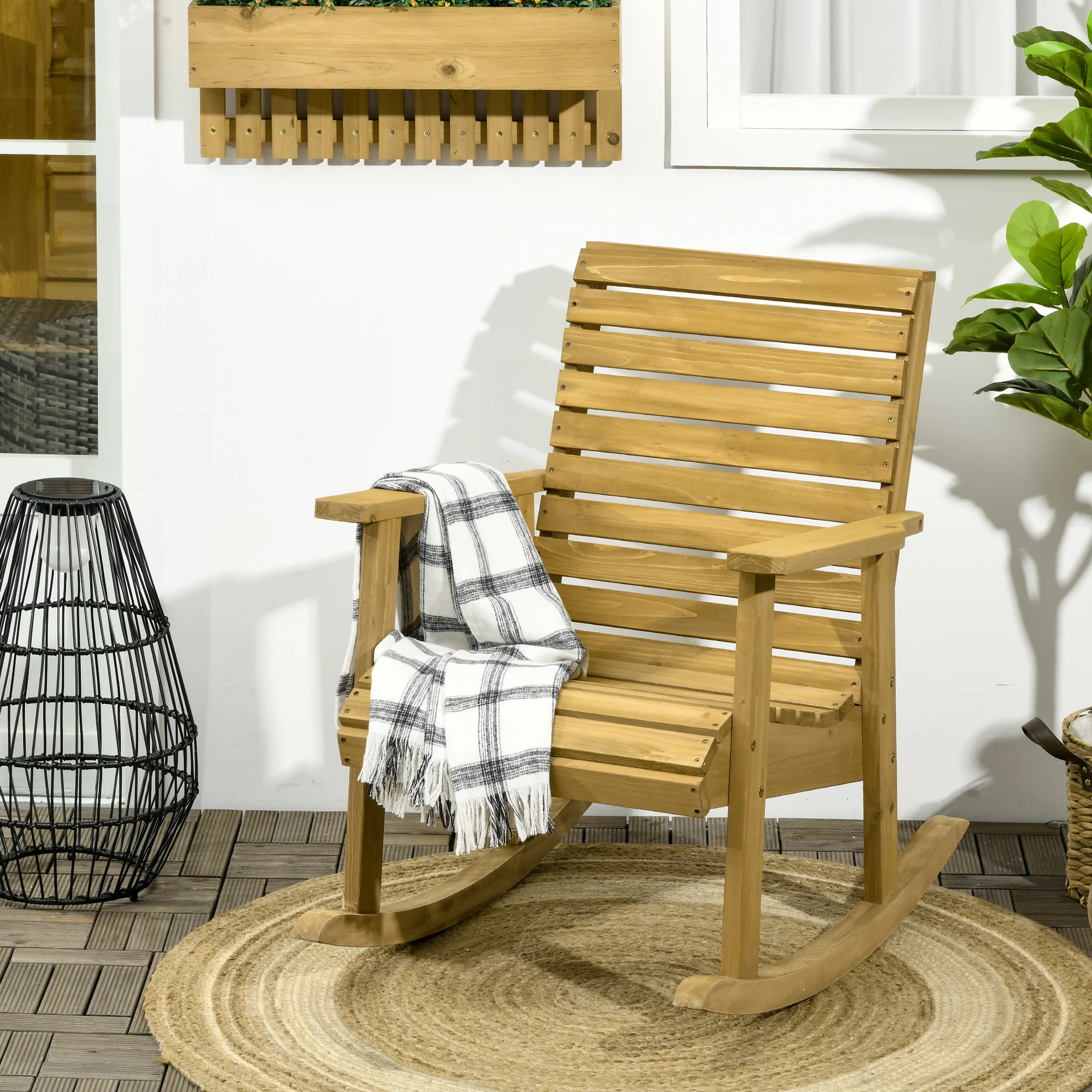 High-Back Traditional Slatted Wood Rocking Chair with Armrests for Indoor/Outdoor Use, Light Brown - Image 3
