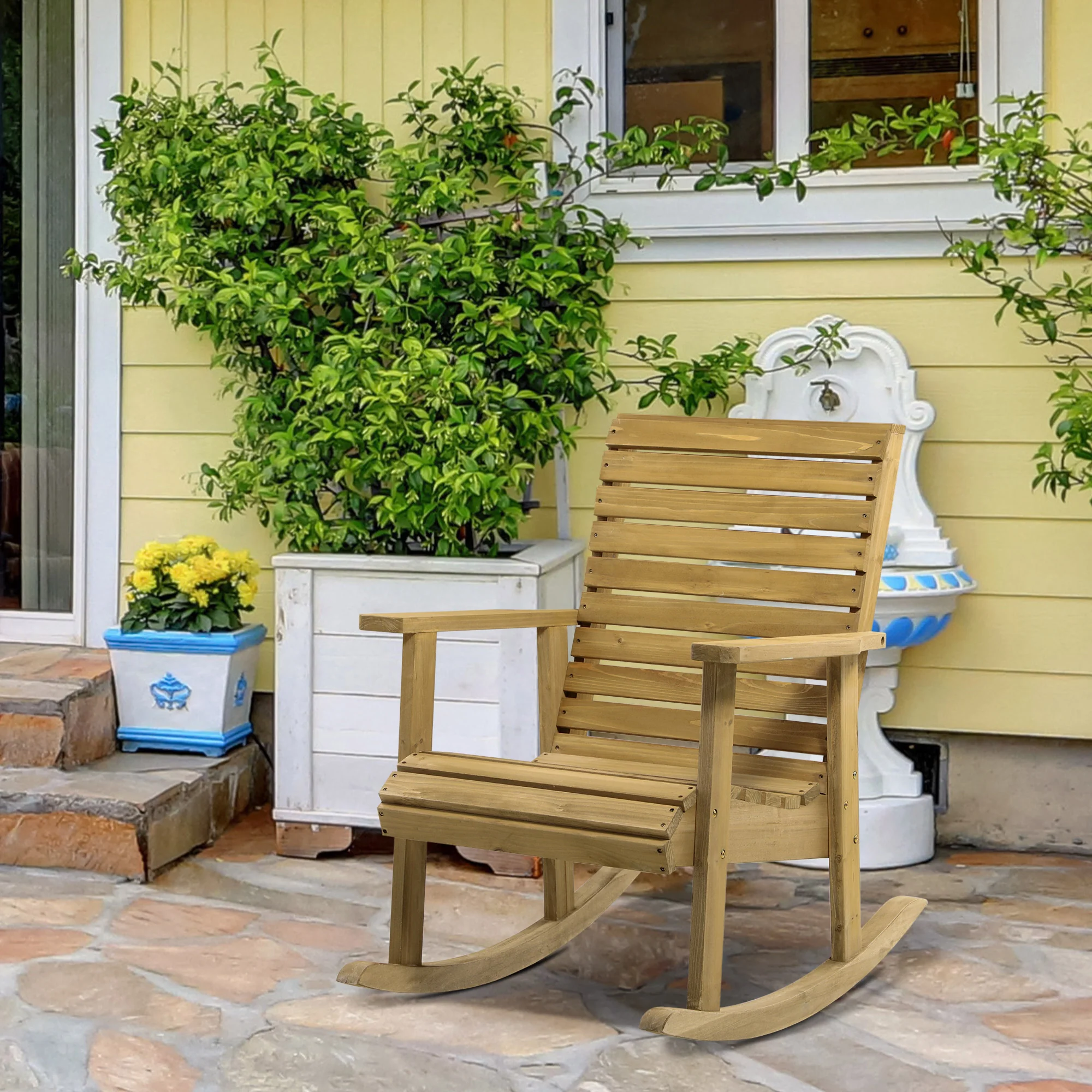 High-Back Traditional Slatted Wood Rocking Chair with Armrests for Indoor/Outdoor Use, Light Brown - Image 4