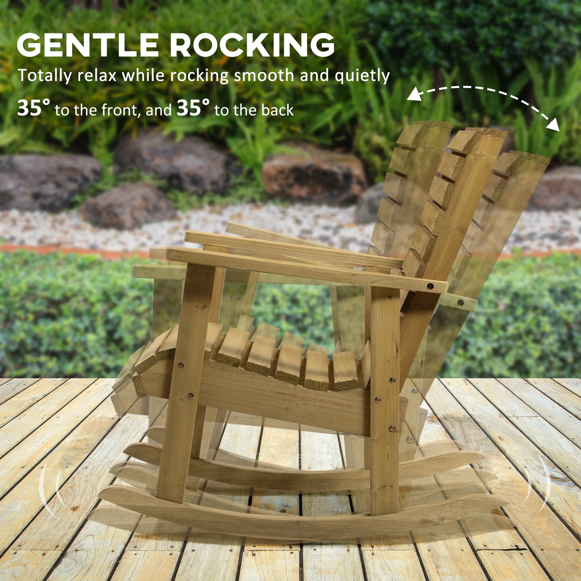 High-Back Traditional Slatted Wood Rocking Chair with Armrests for Indoor/Outdoor Use, Light Brown - Image 7