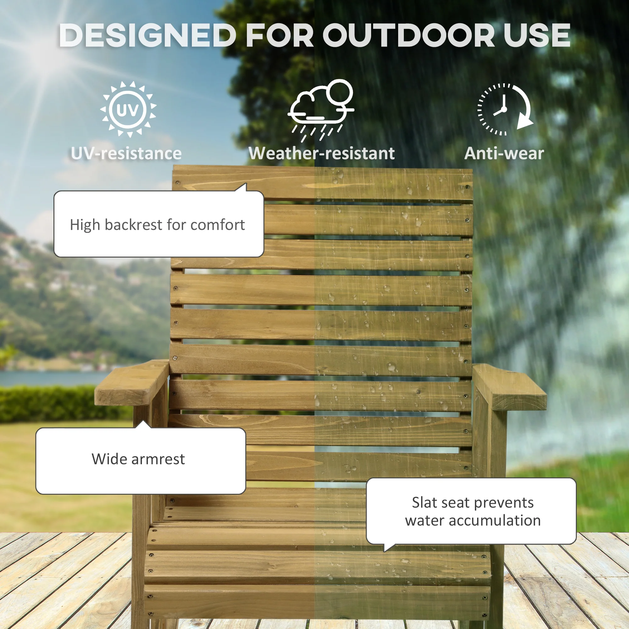 High-Back Traditional Slatted Wood Rocking Chair with Armrests for Indoor/Outdoor Use, Light Brown - Image 8