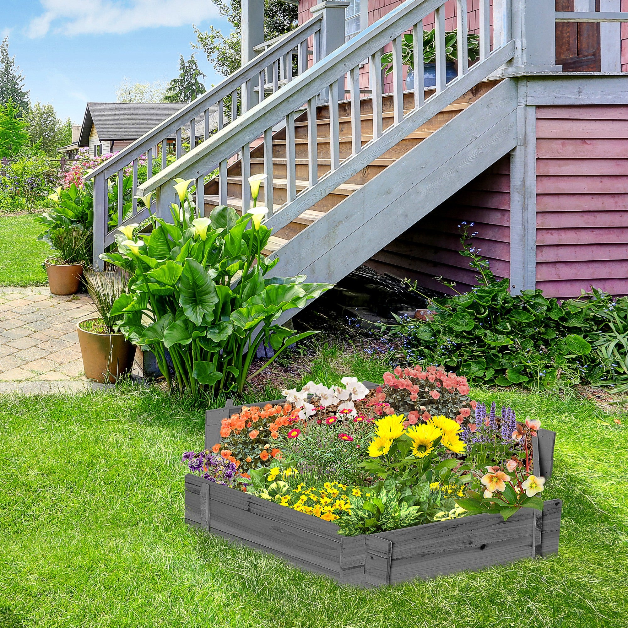 Wooden Raised Garden Bed, Hexagon Screwless Planters for Outdoor Plants, Vegetables, Flowers, Herbs, 39" x 36" x 6", Gray - Image 4