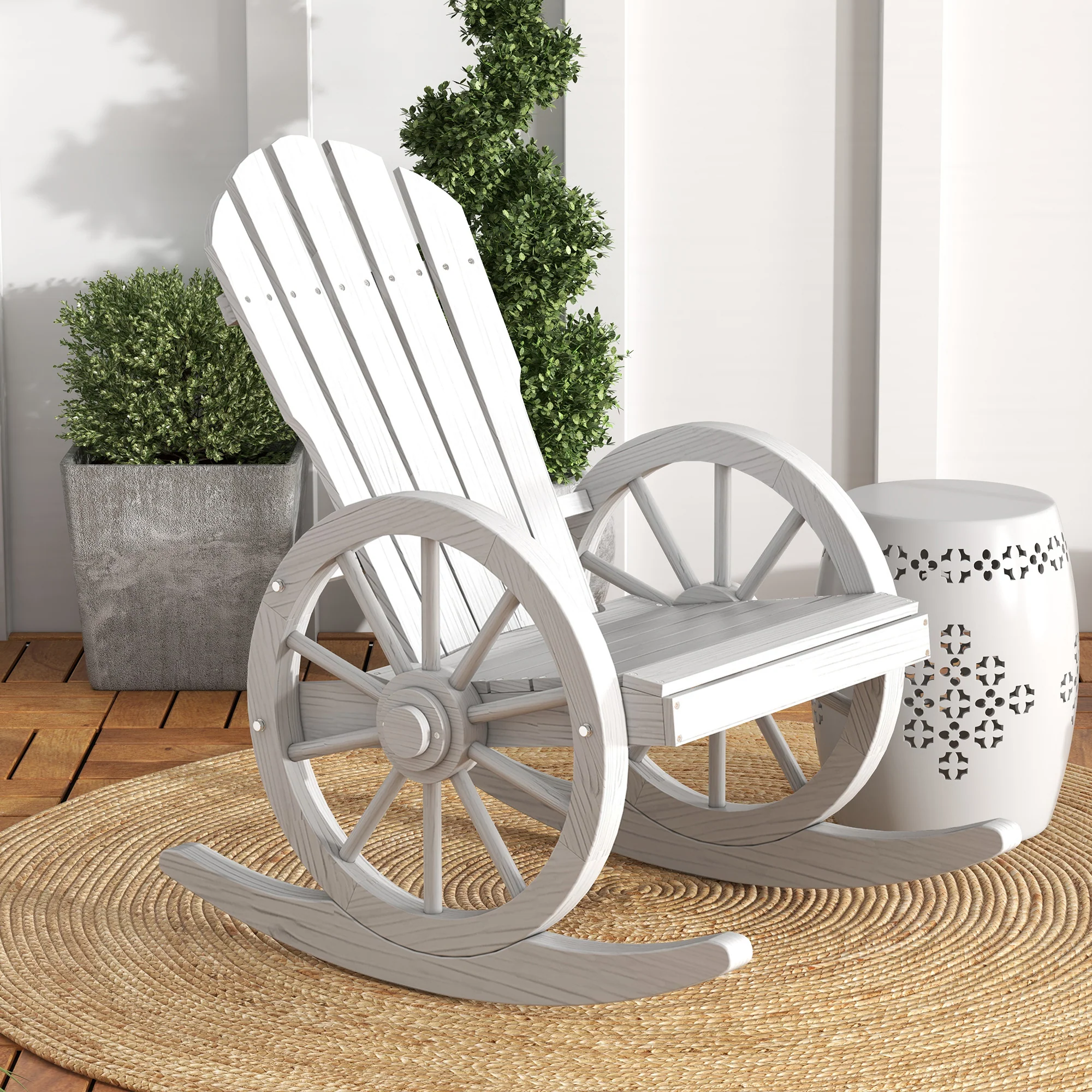 Adirondack Rocker Chair with Slatted Design & Oversized Back for Porch & Garden, White - Image 3