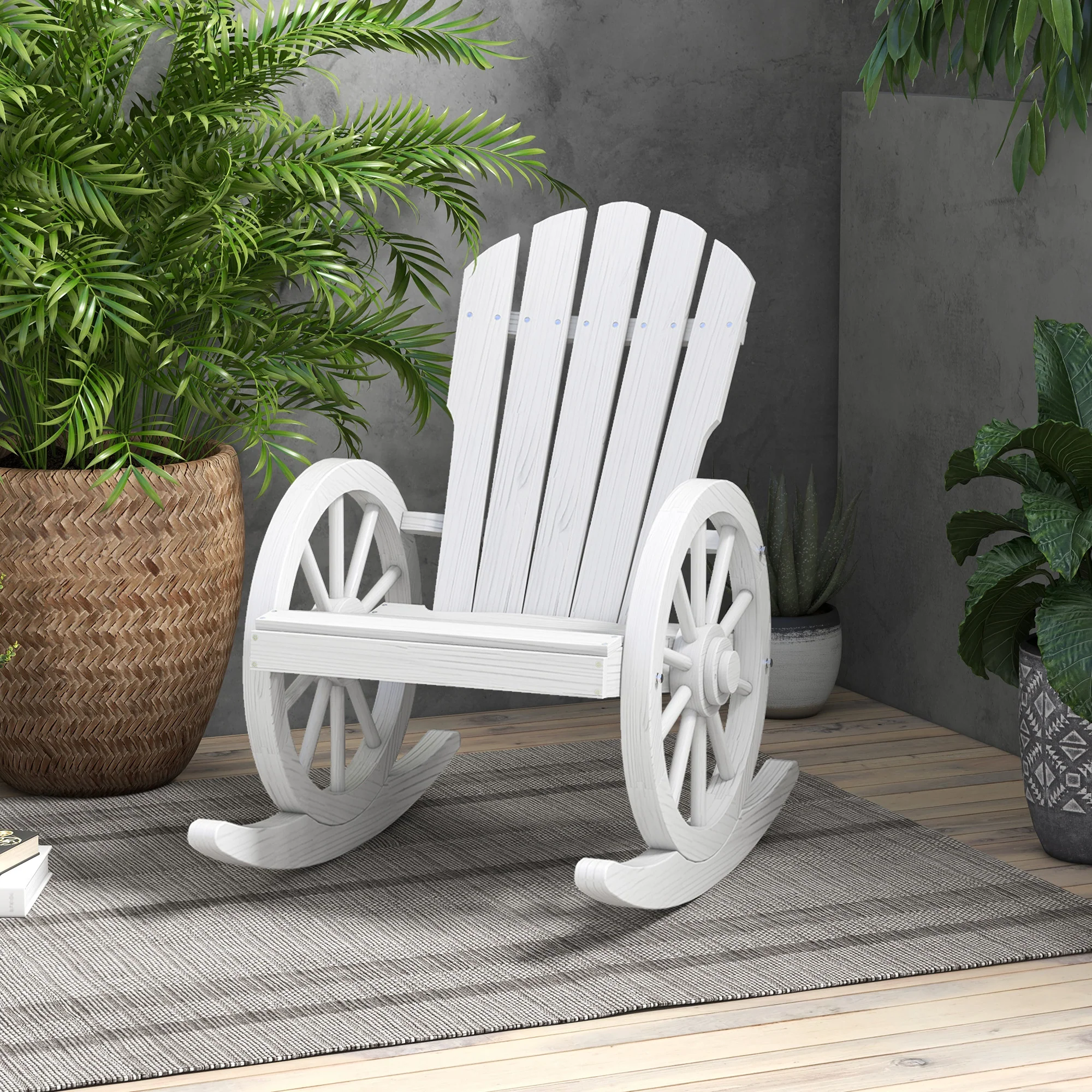 Adirondack Rocker Chair with Slatted Design & Oversized Back for Porch & Garden, White - Image 4
