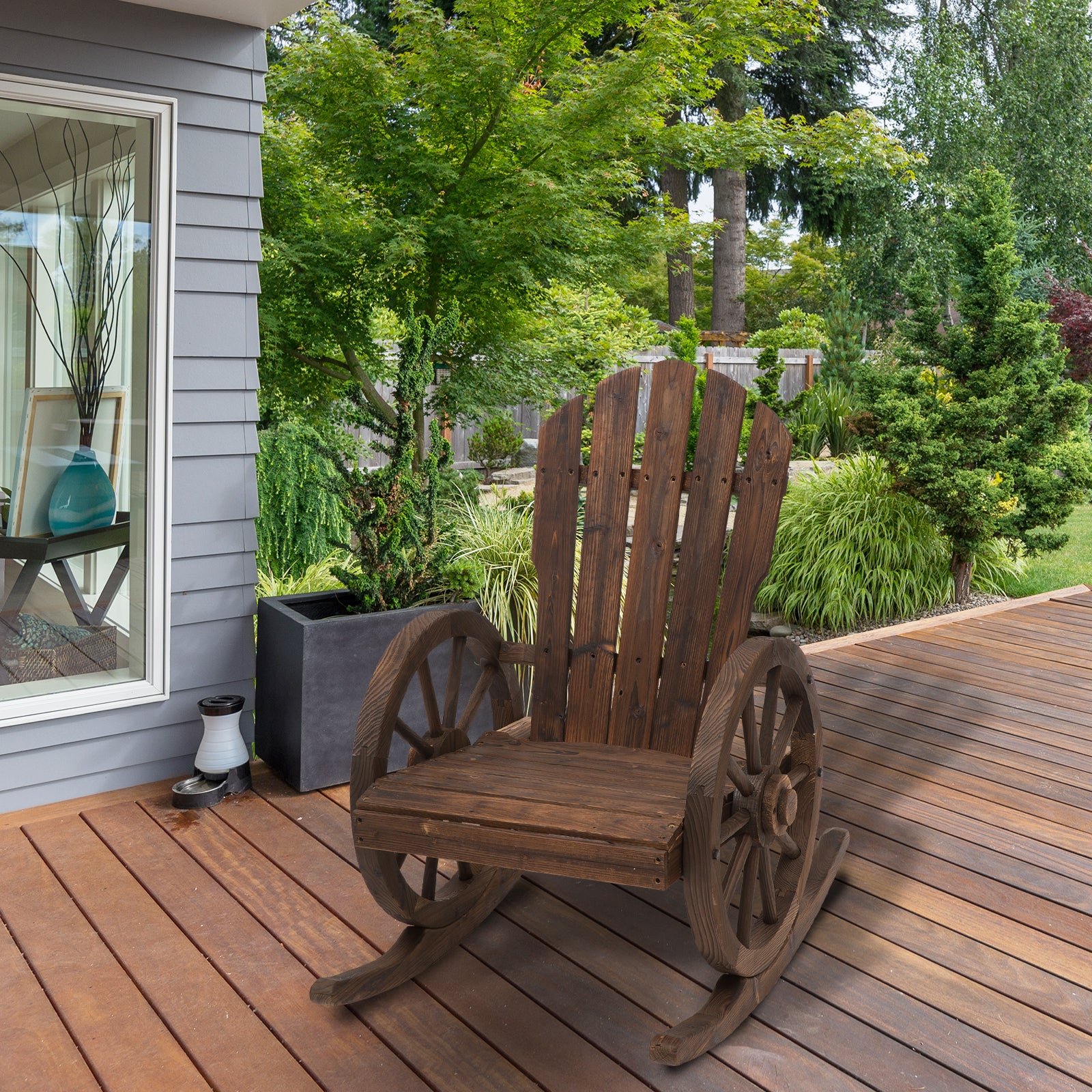 Adirondack Rocker Chair with Slatted Design & Oversized Back for Porch & Garden, Carbonized - Image 4