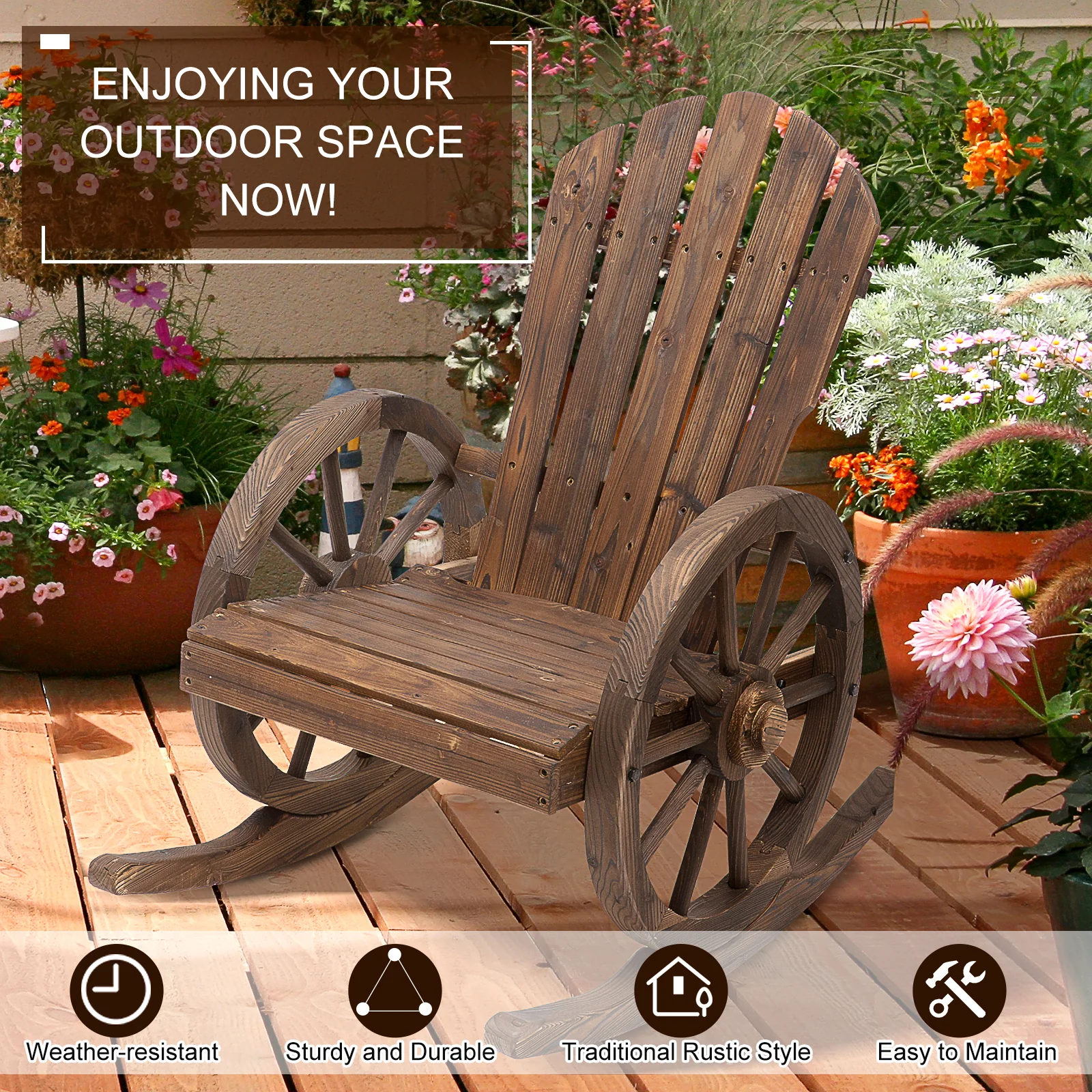 Adirondack Rocker Chair with Slatted Design & Oversized Back for Porch & Garden, Carbonized - Image 7