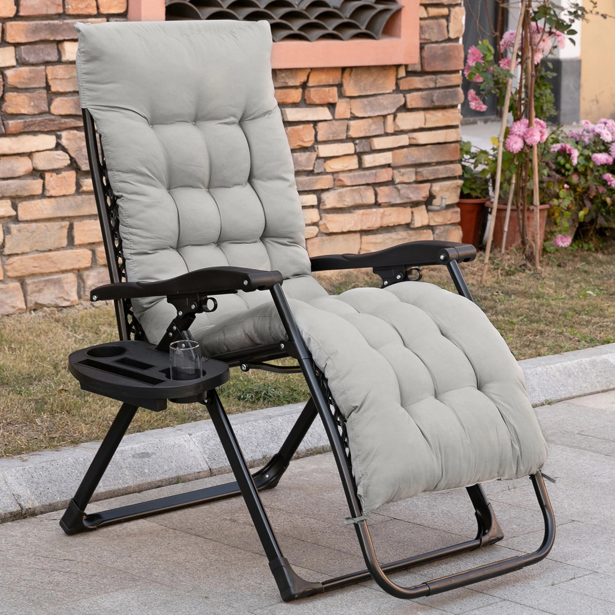 Folding Zero Gravity Recliner Chair with Cup Holder & Padded Cushion, Gray - Image 3