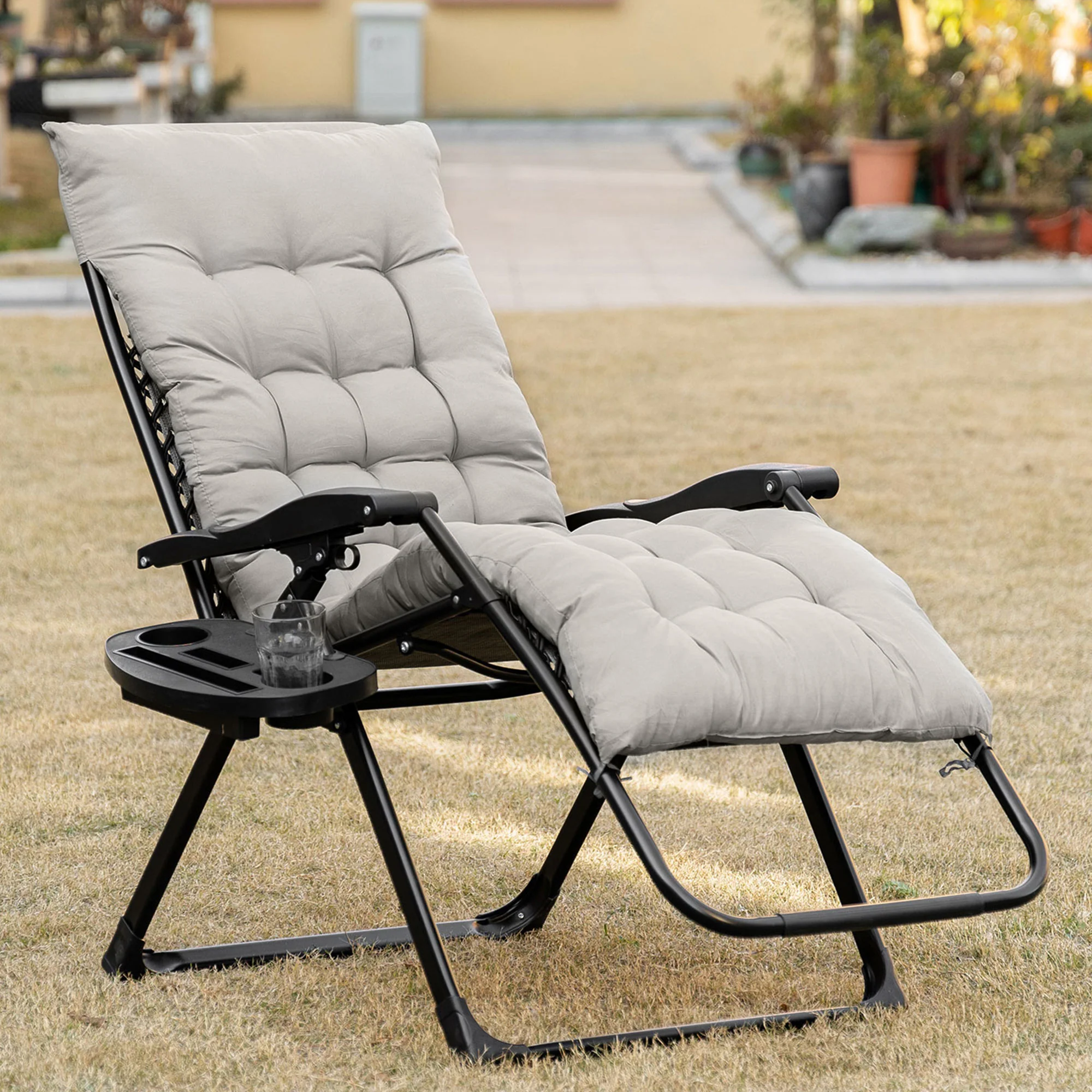 Folding Zero Gravity Recliner Chair with Cup Holder & Padded Cushion, Gray - Image 4