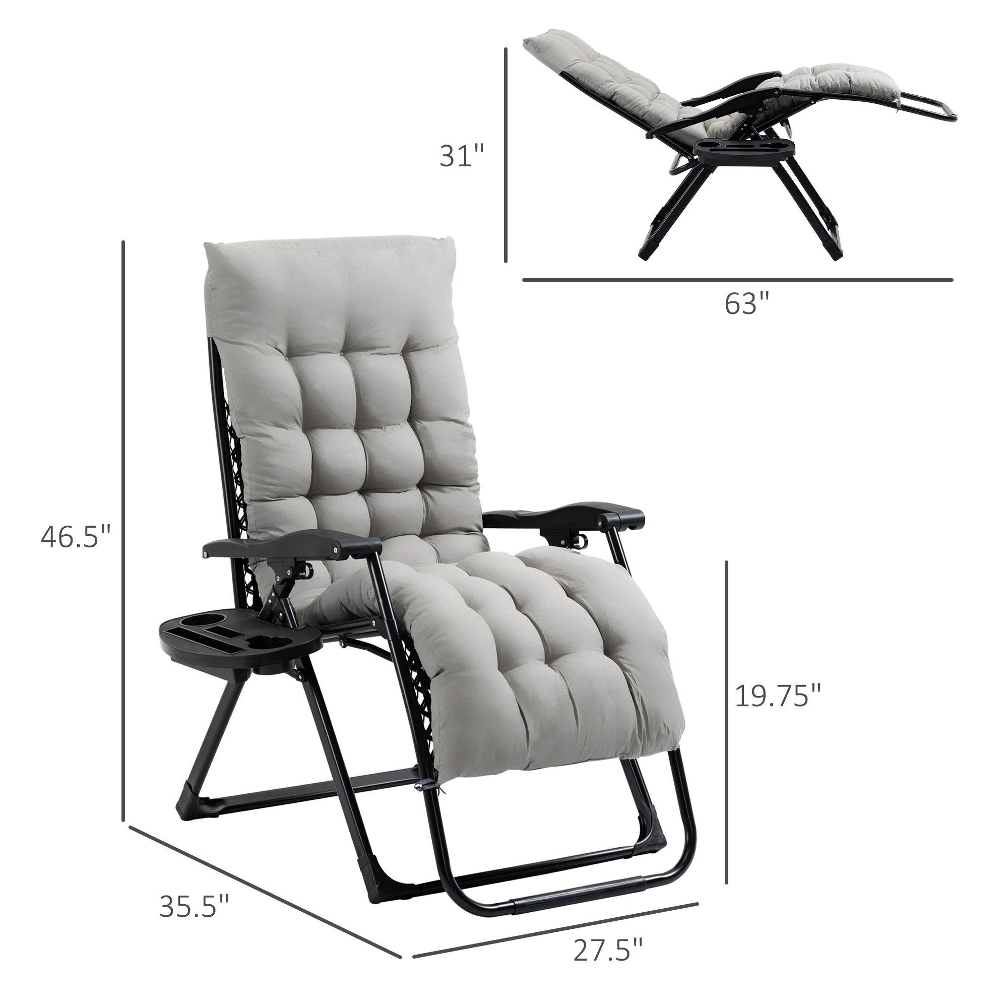 Folding Zero Gravity Recliner Chair with Cup Holder & Padded Cushion, Gray - Image 5
