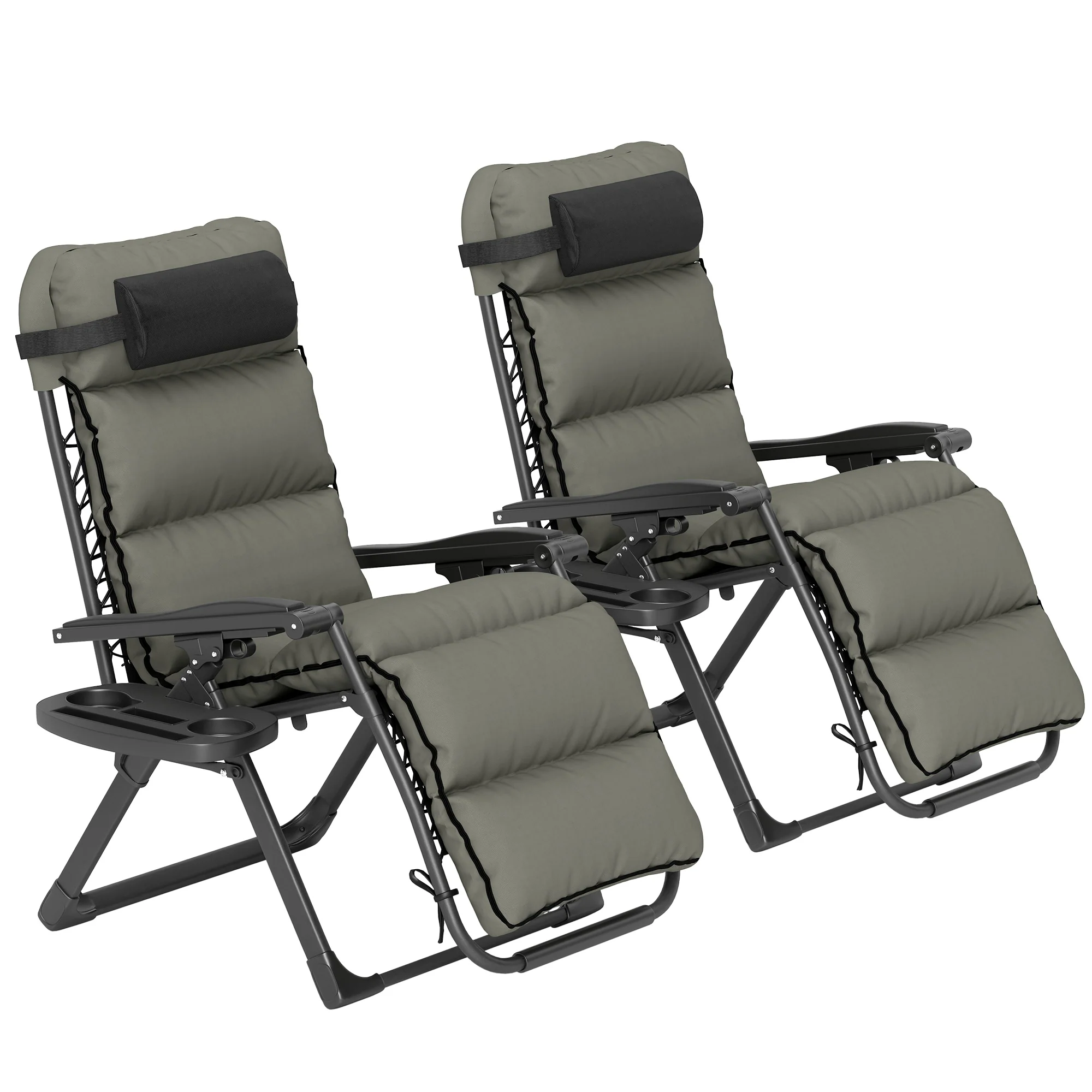 Reclining Folding Outdoor Lounge Chairs with Cushion, Headrest & Side Tray, Gray - Image 2