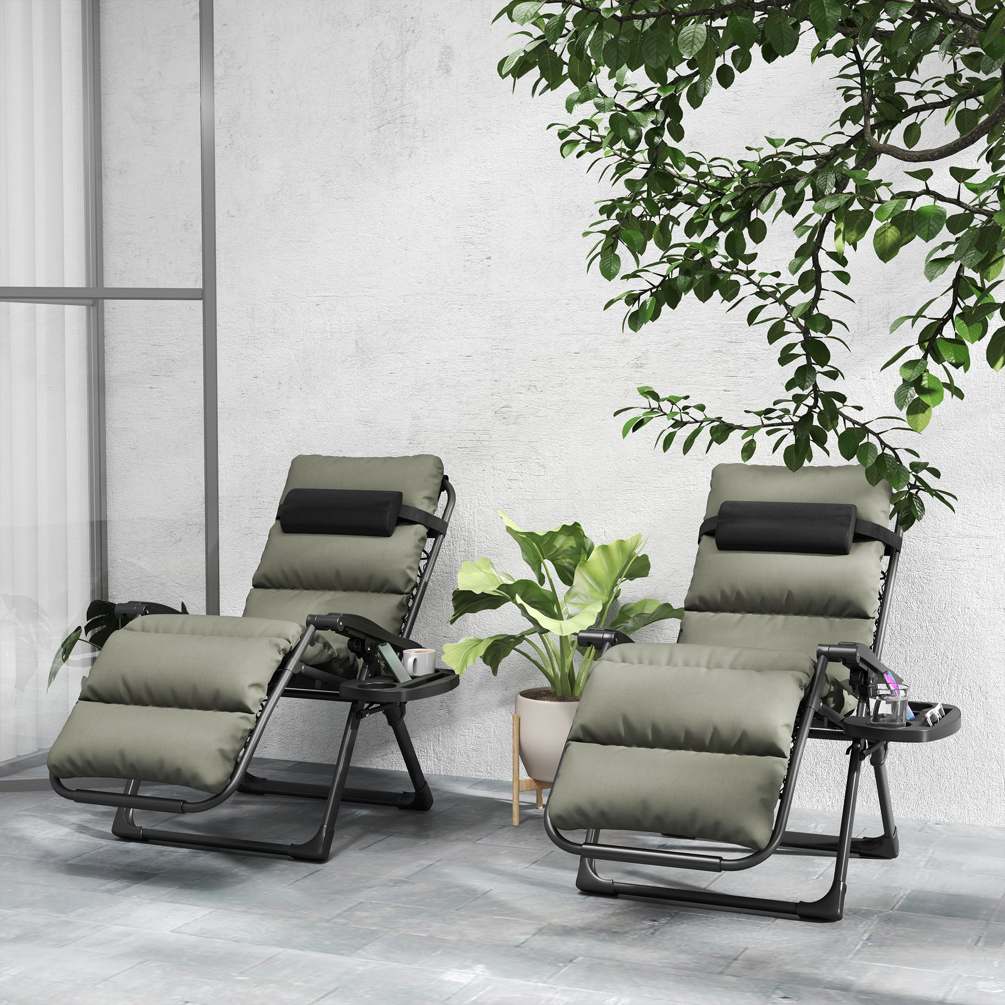 Reclining Folding Outdoor Lounge Chairs with Cushion, Headrest & Side Tray, Gray - Image 4