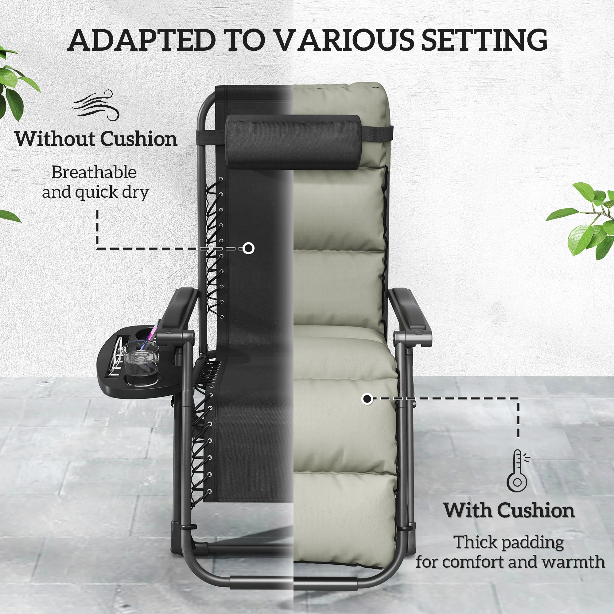 Reclining Folding Outdoor Lounge Chairs with Cushion, Headrest & Side Tray, Gray - Image 7