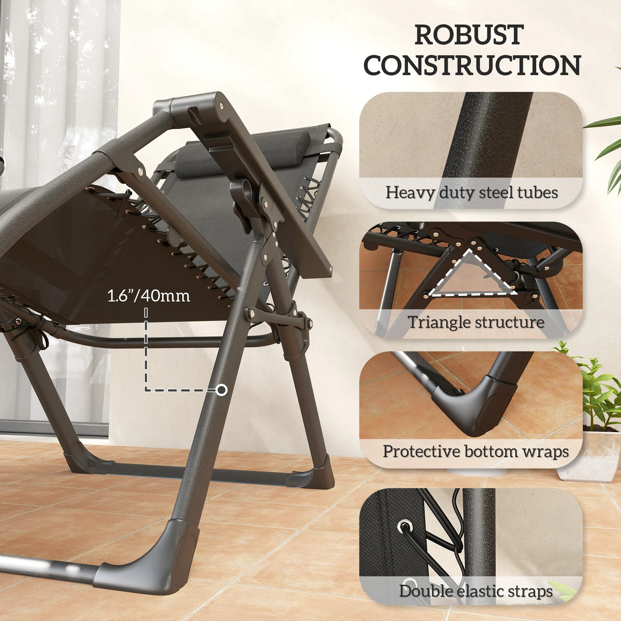 2-Piece Reclining Folding Lounge Chair with Cushion, Headrest & Side Tray, Black - Image 10