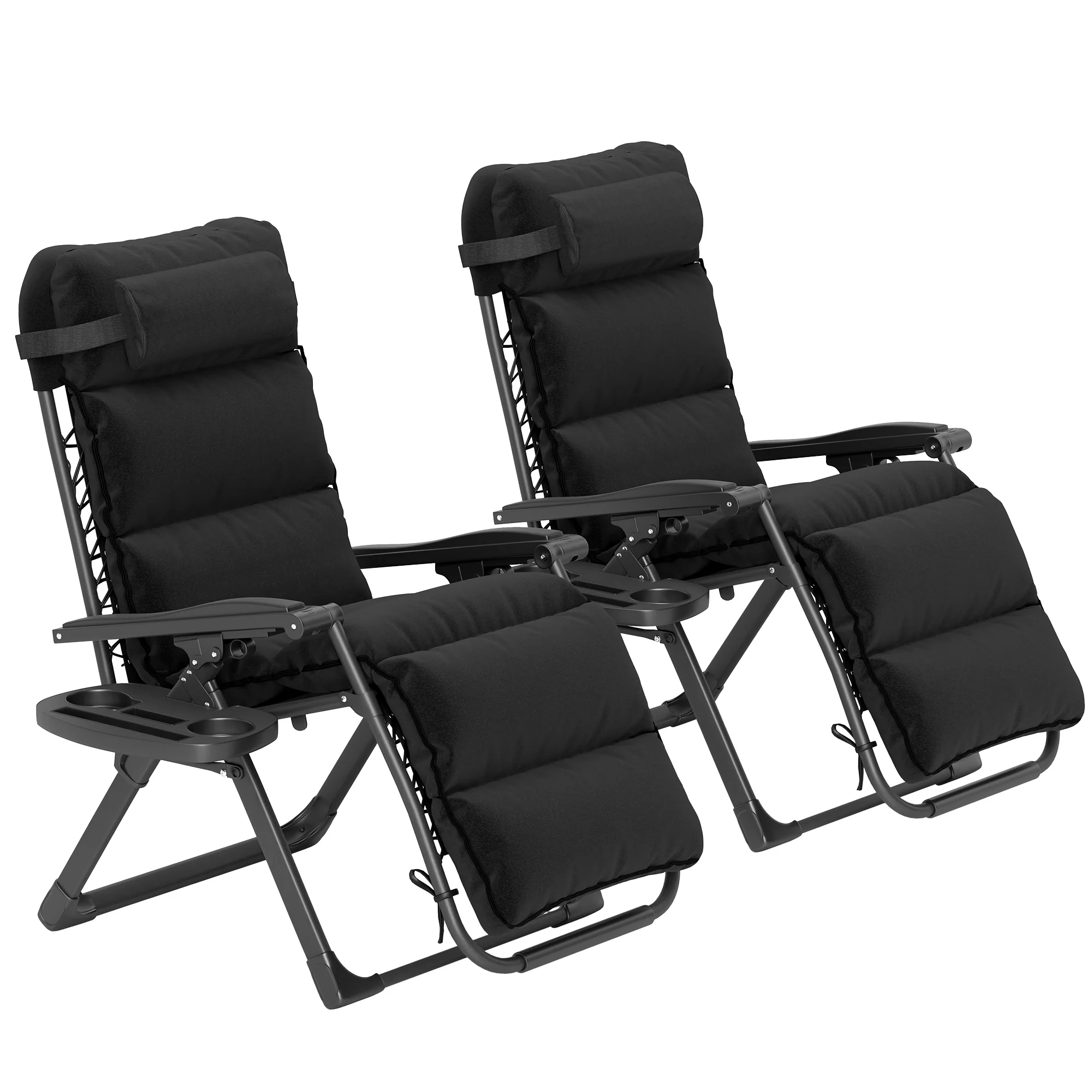 2-Piece Reclining Folding Lounge Chair with Cushion, Headrest & Side Tray, Black - Image 2
