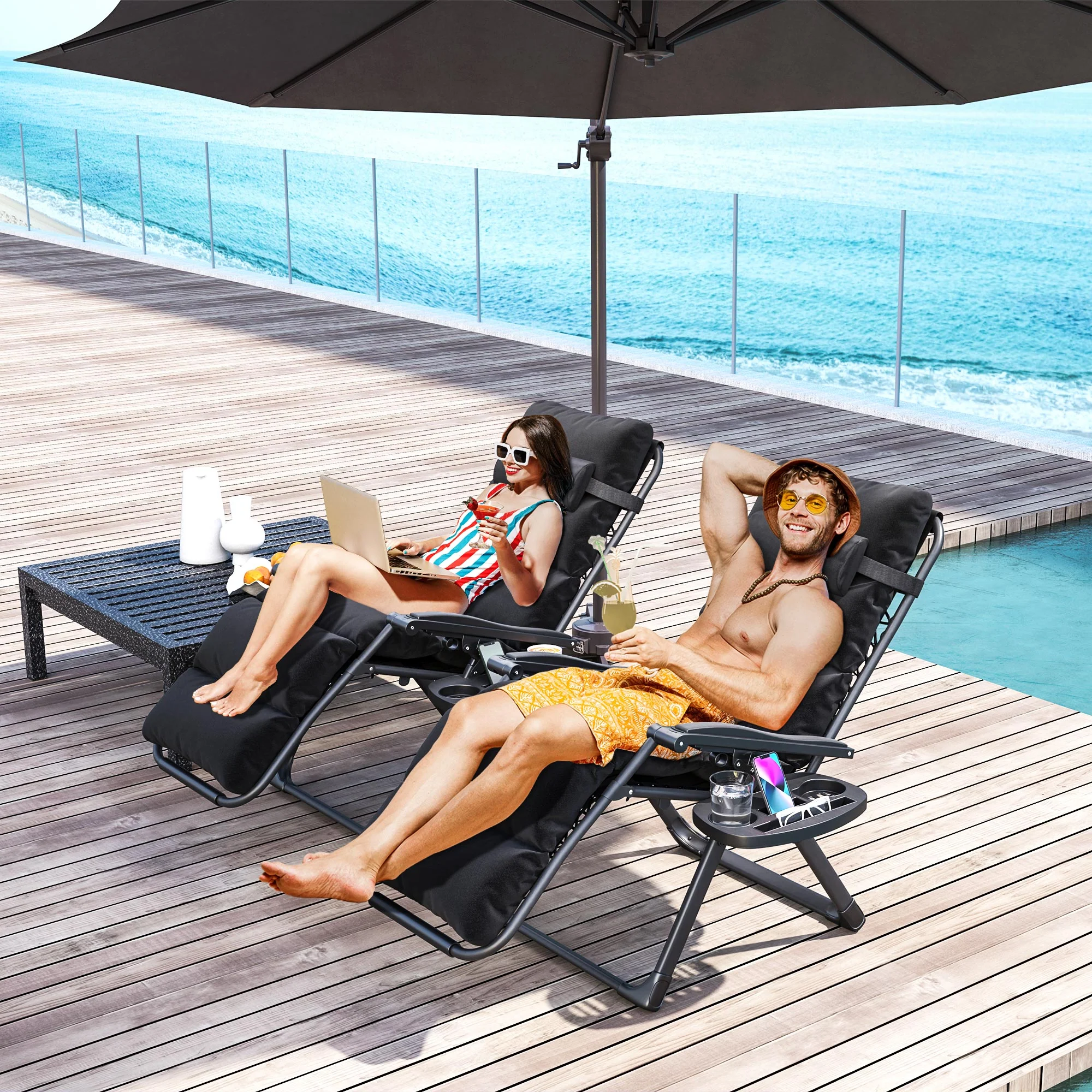 2-Piece Reclining Folding Lounge Chair with Cushion, Headrest & Side Tray, Black - Image 3