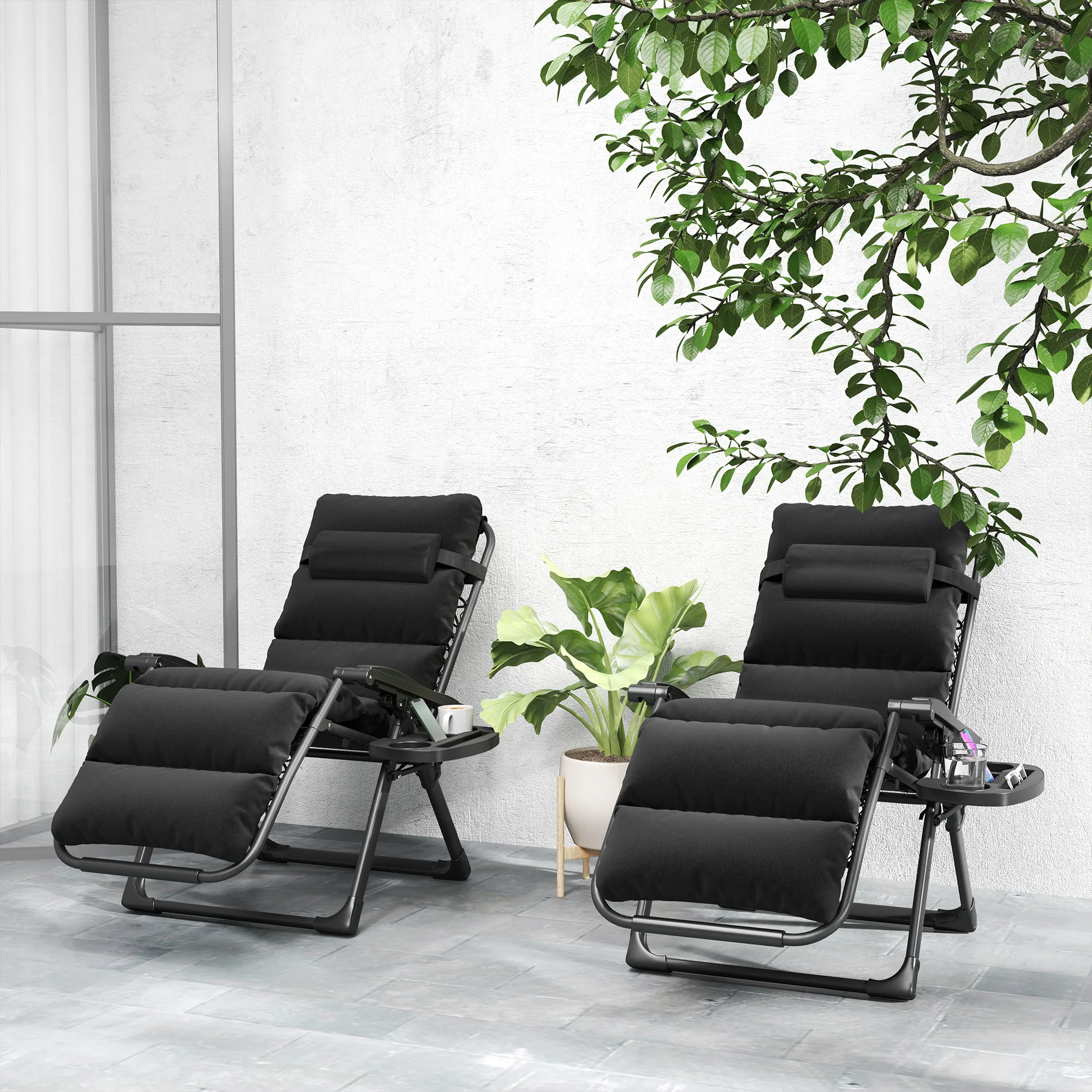 2-Piece Reclining Folding Lounge Chair with Cushion, Headrest & Side Tray, Black - Image 4