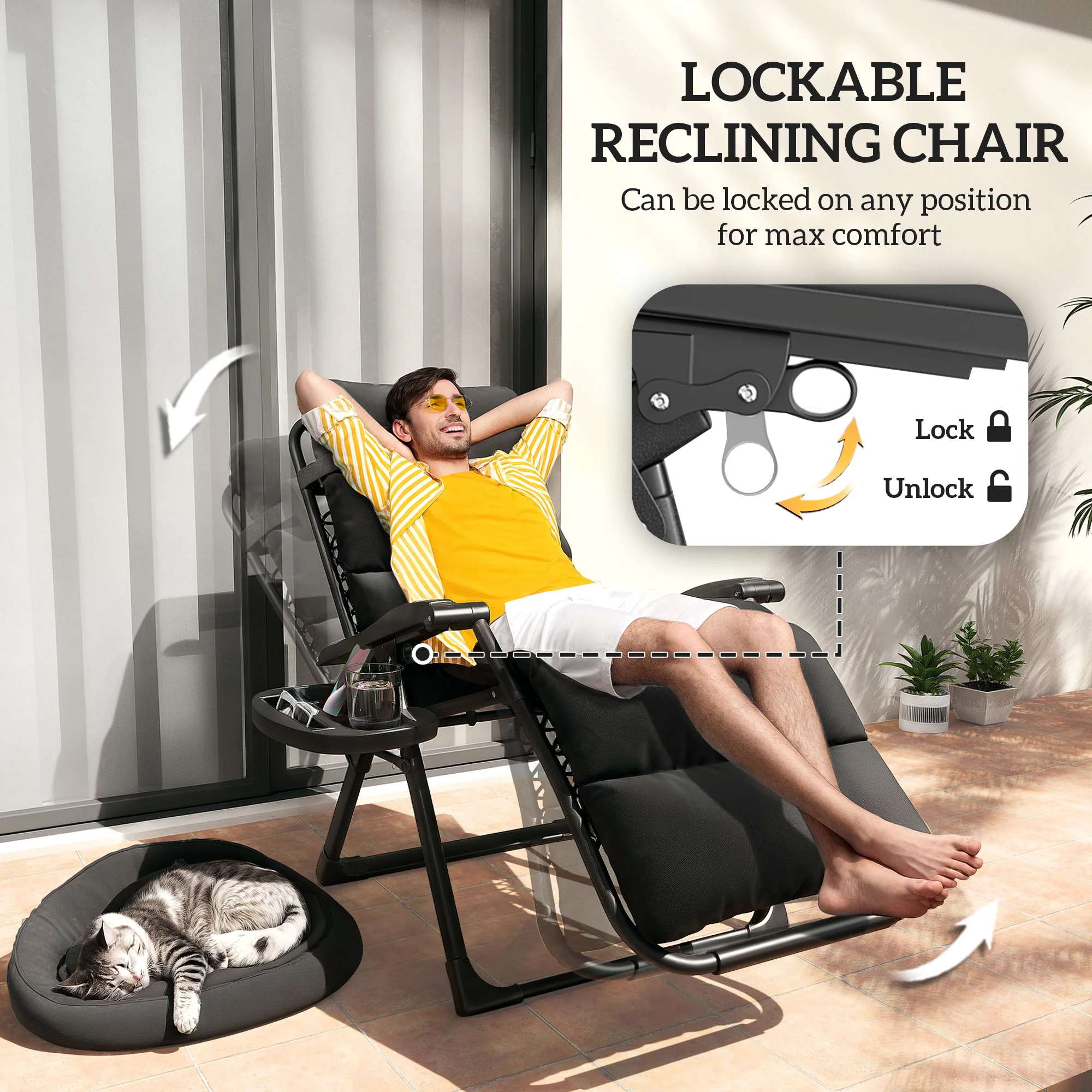 2-Piece Reclining Folding Lounge Chair with Cushion, Headrest & Side Tray, Black - Image 6