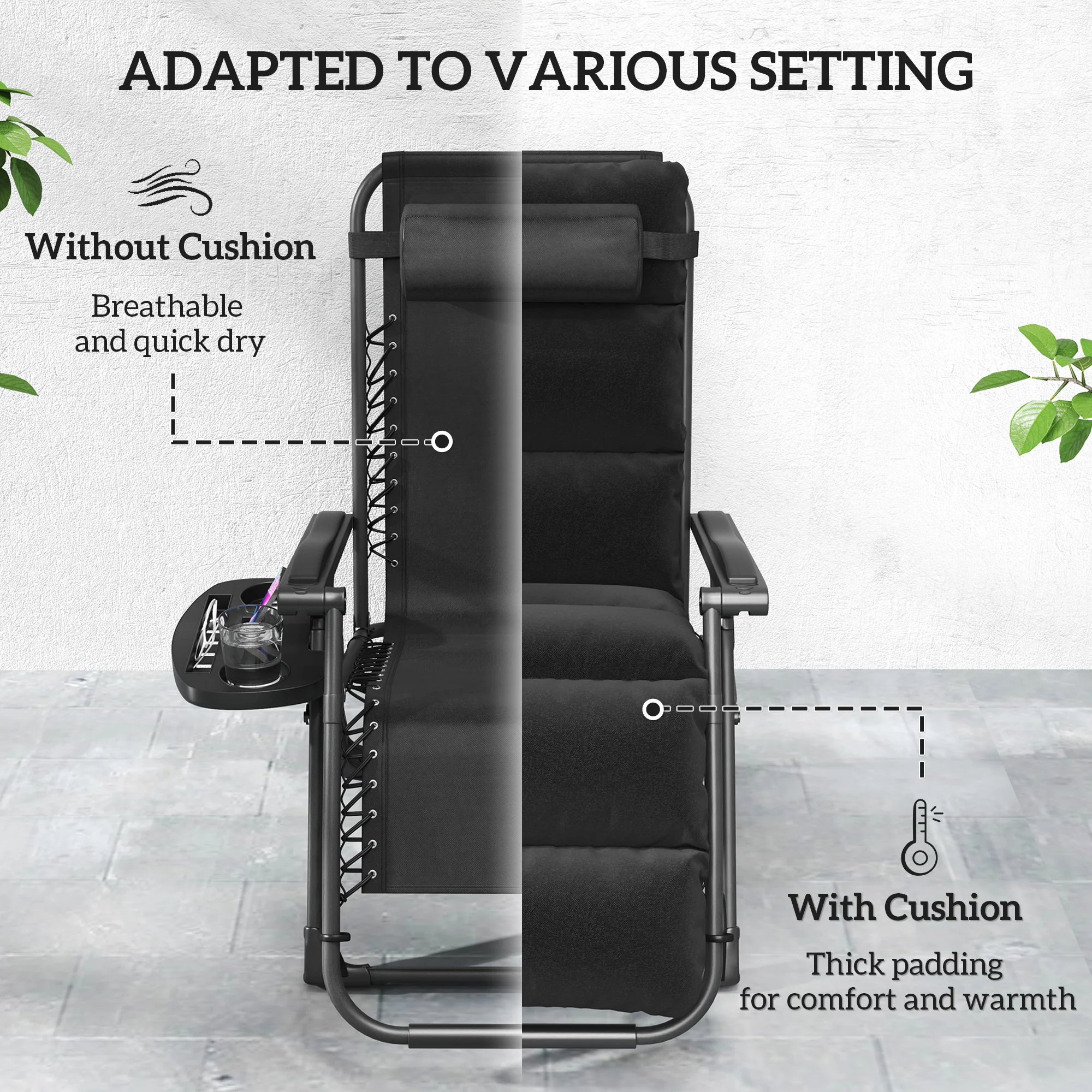 2-Piece Reclining Folding Lounge Chair with Cushion, Headrest & Side Tray, Black - Image 7