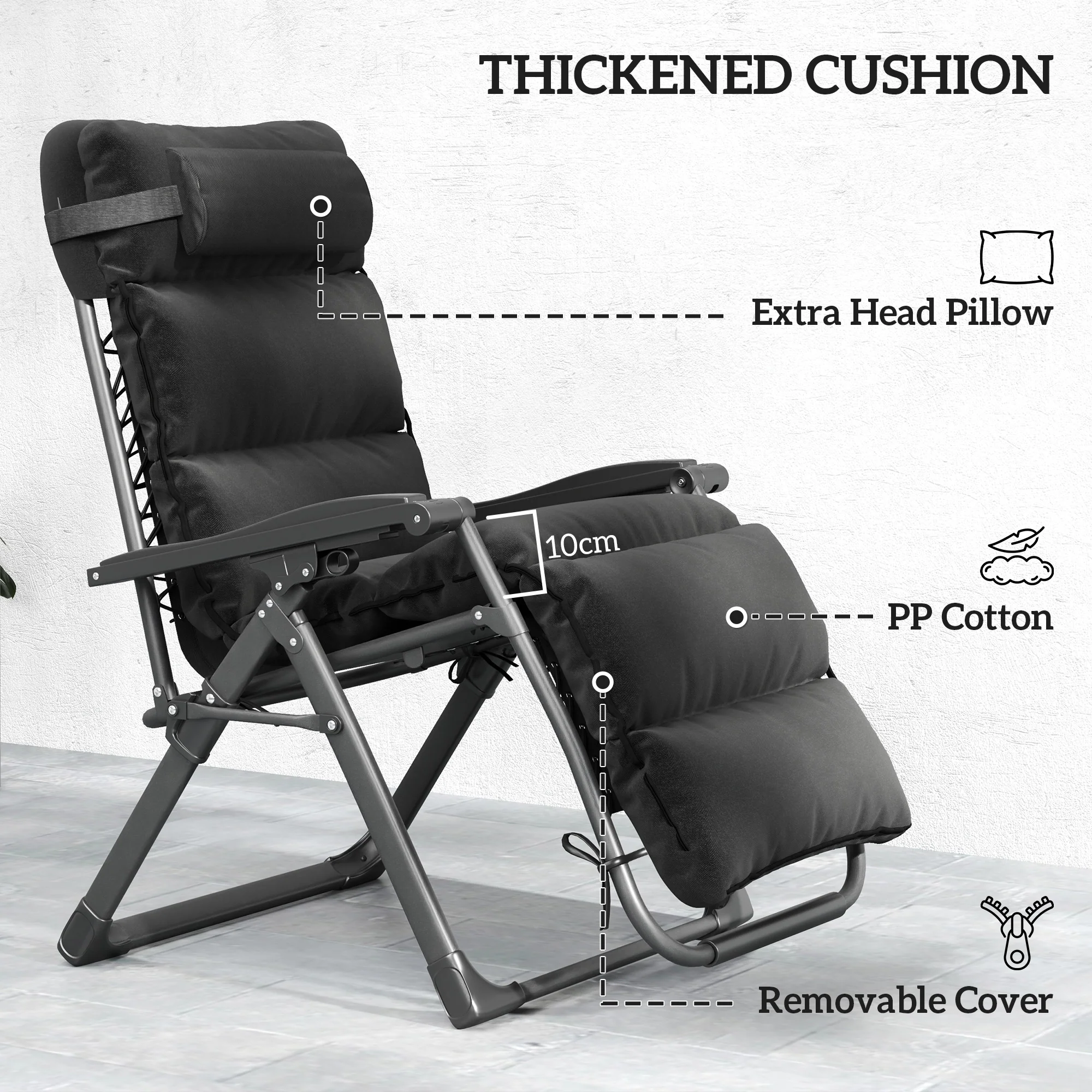 2-Piece Reclining Folding Lounge Chair with Cushion, Headrest & Side Tray, Black - Image 8