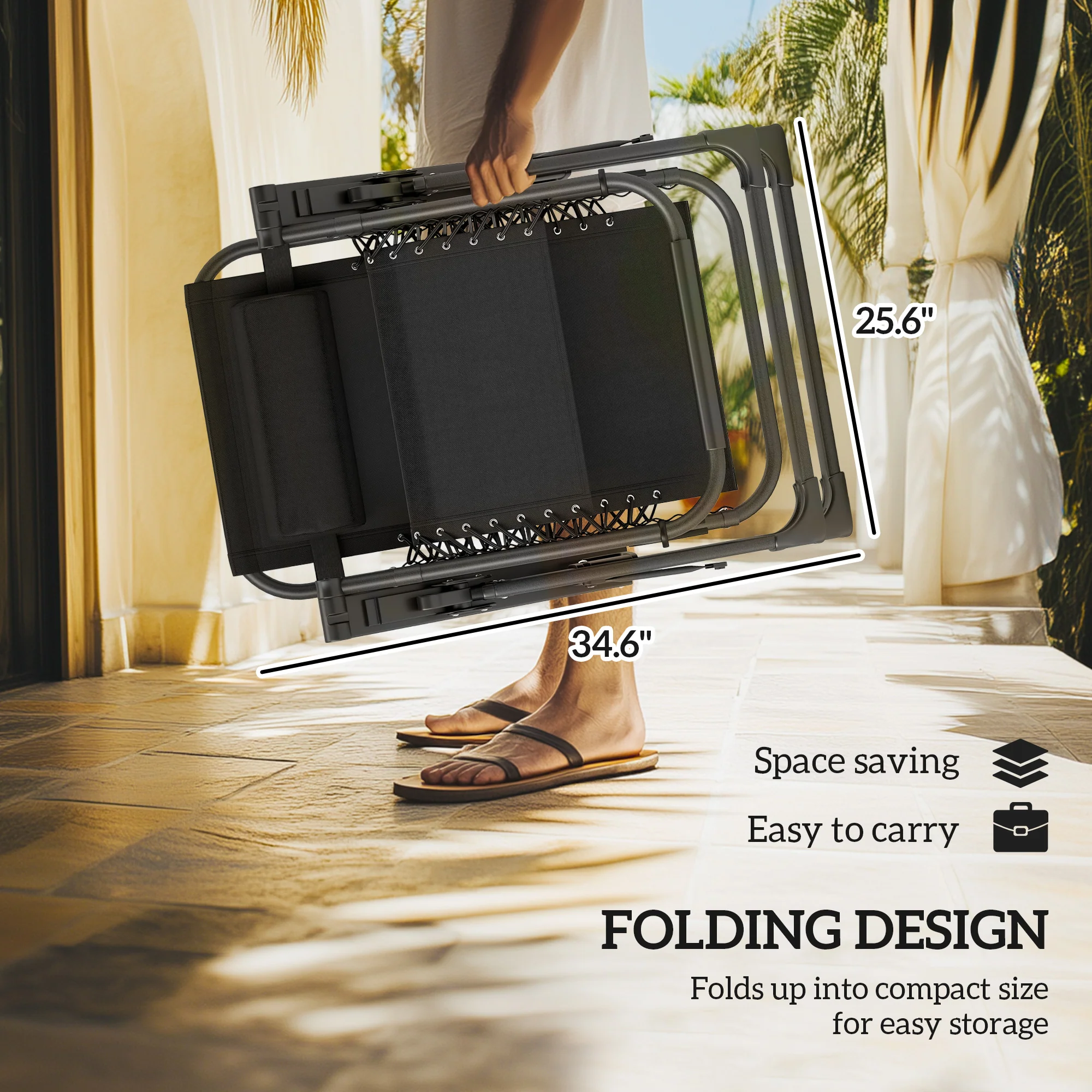 2-Piece Reclining Folding Lounge Chair with Cushion, Headrest & Side Tray, Black - Image 9