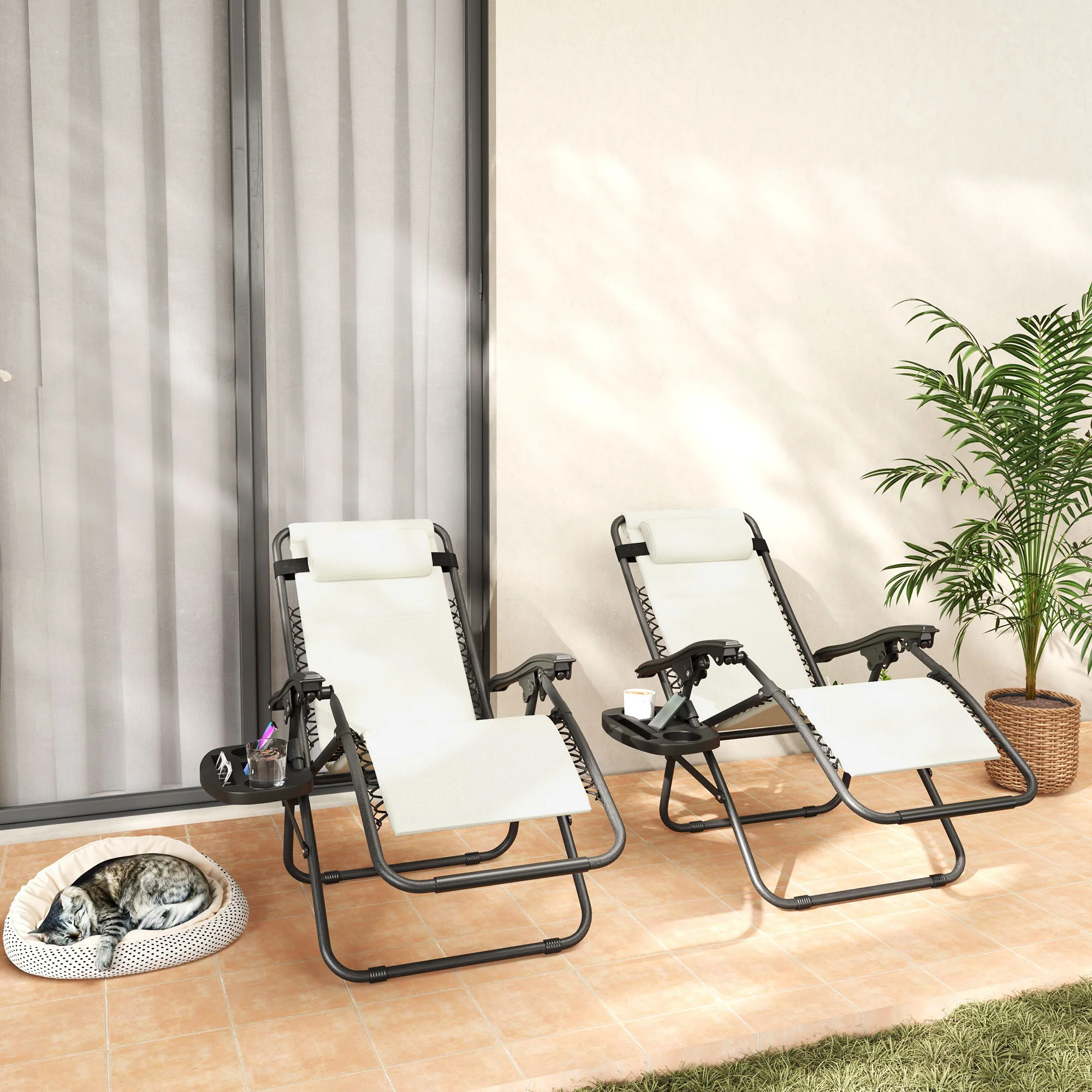 2-Piece Zero Gravity Reclining Lounge Chair Set with Headrest & Side Tray, Cream - Image 3