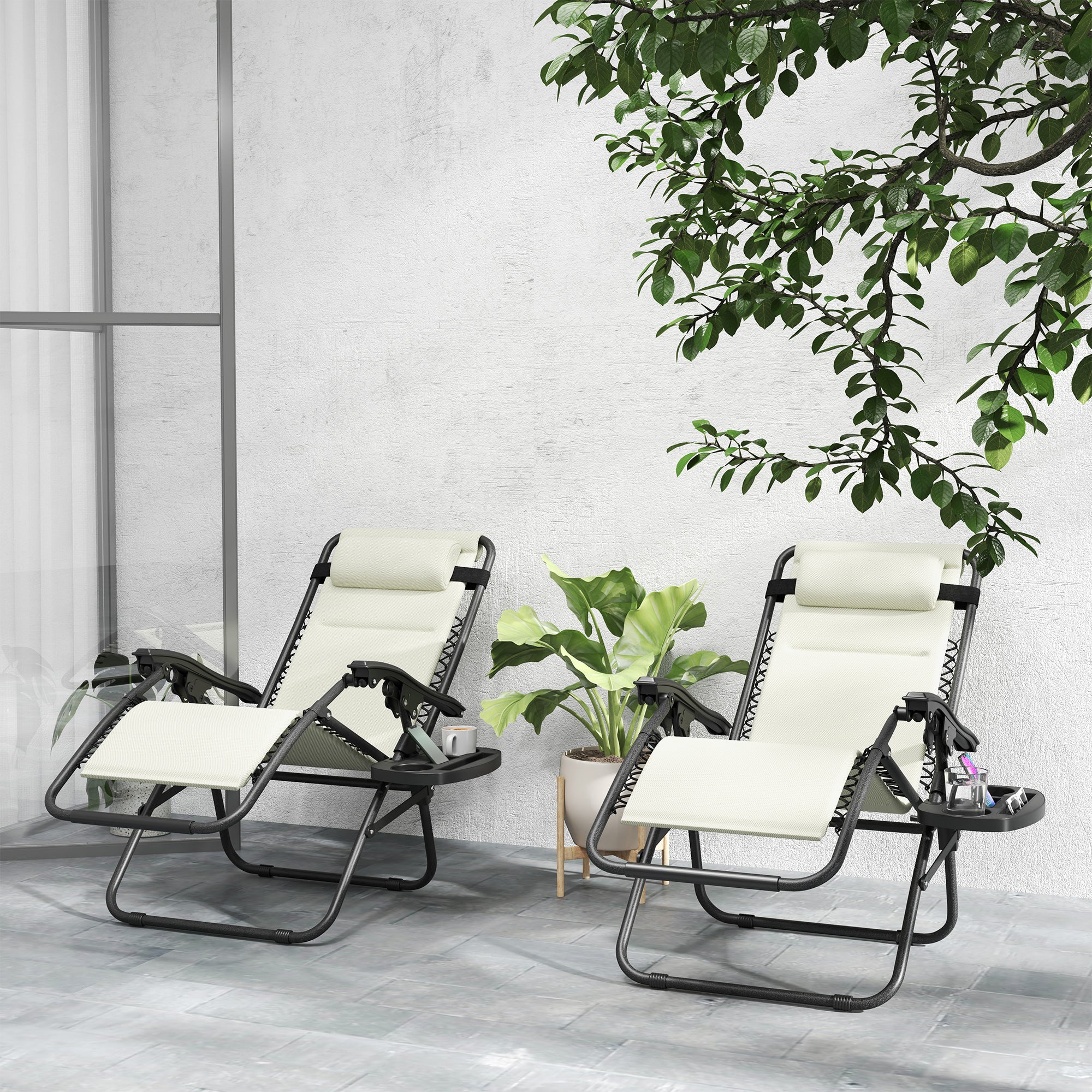 2-Piece Zero Gravity Reclining Lounge Chair Set with Headrest & Side Tray, Cream - Image 4