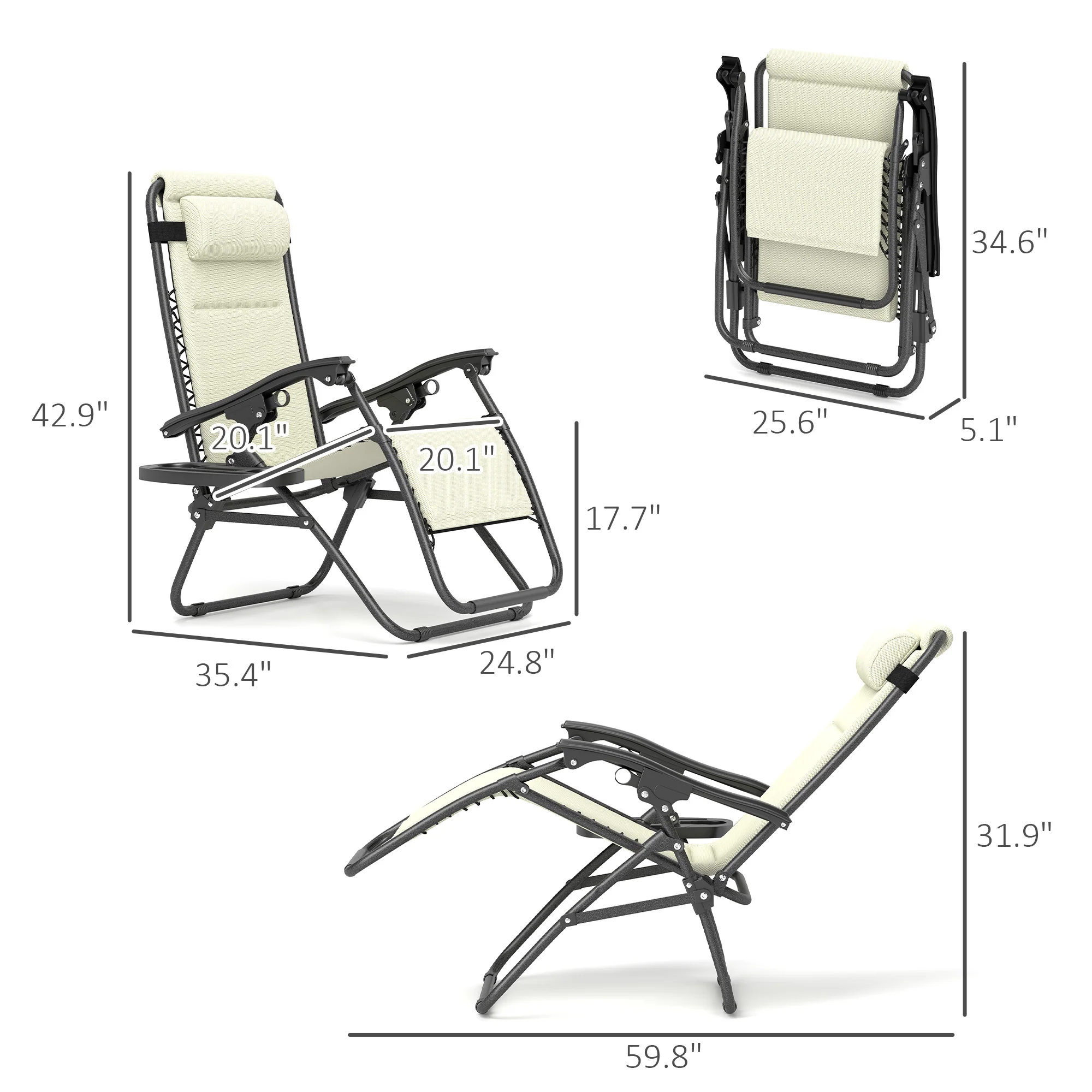 2-Piece Zero Gravity Reclining Lounge Chair Set with Headrest & Side Tray, Cream - Image 5