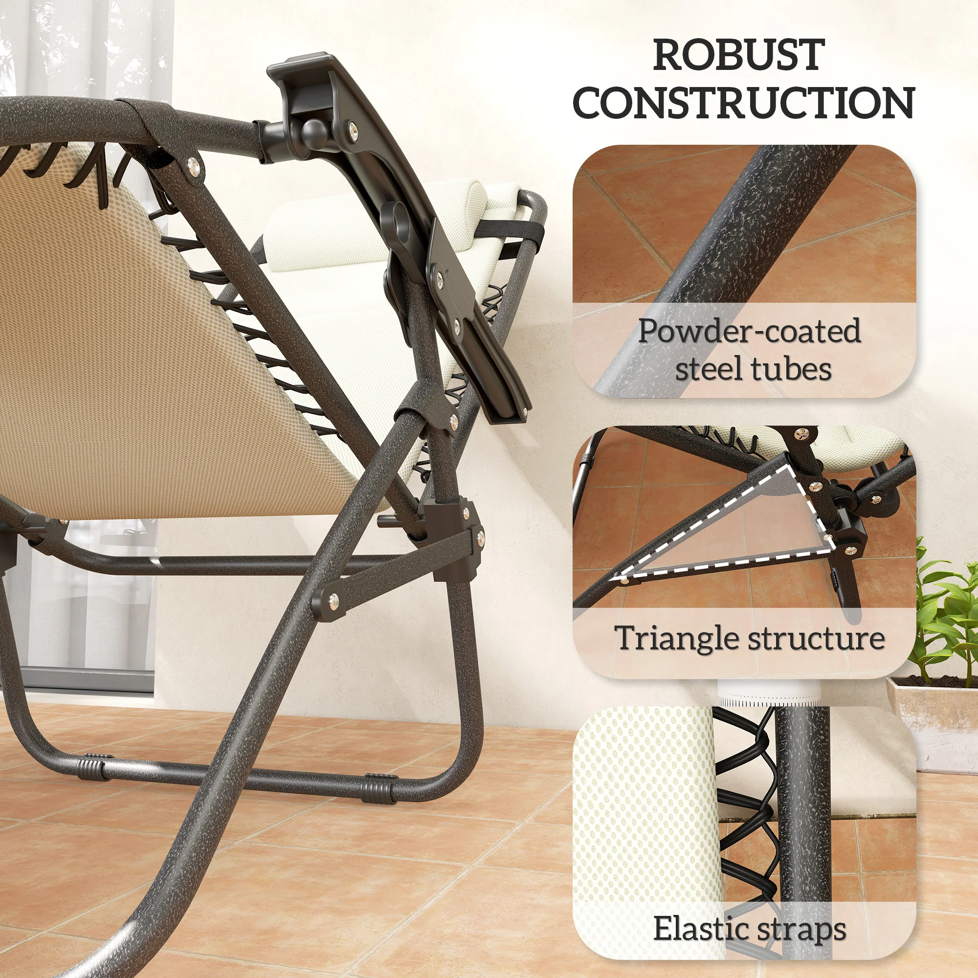 2-Piece Zero Gravity Reclining Lounge Chair Set with Headrest & Side Tray, Cream - Image 9