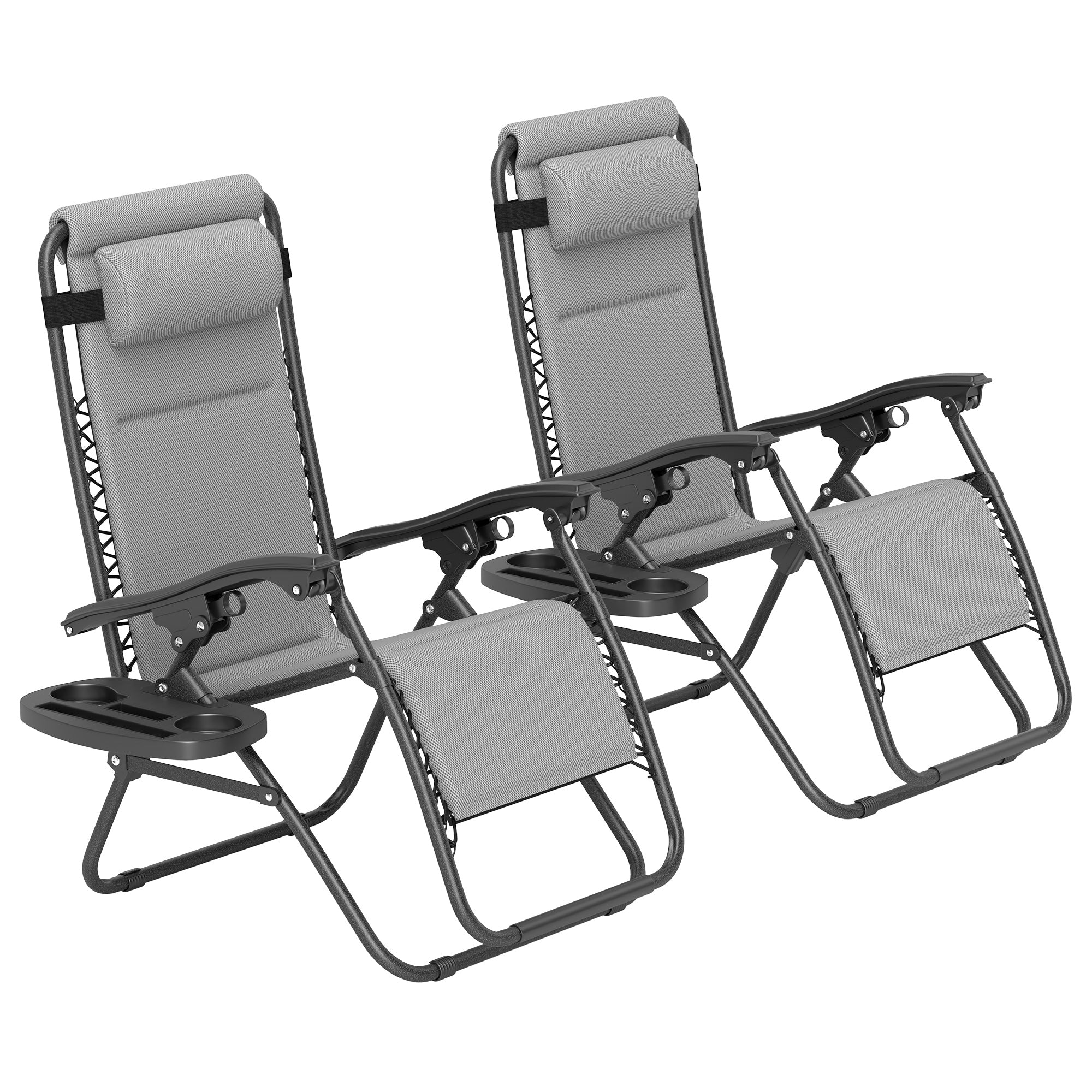 2-Piece Reclining Folding Zero Gravity Lounge Chairs with Headrest & Tray, Light Gray - Image 2
