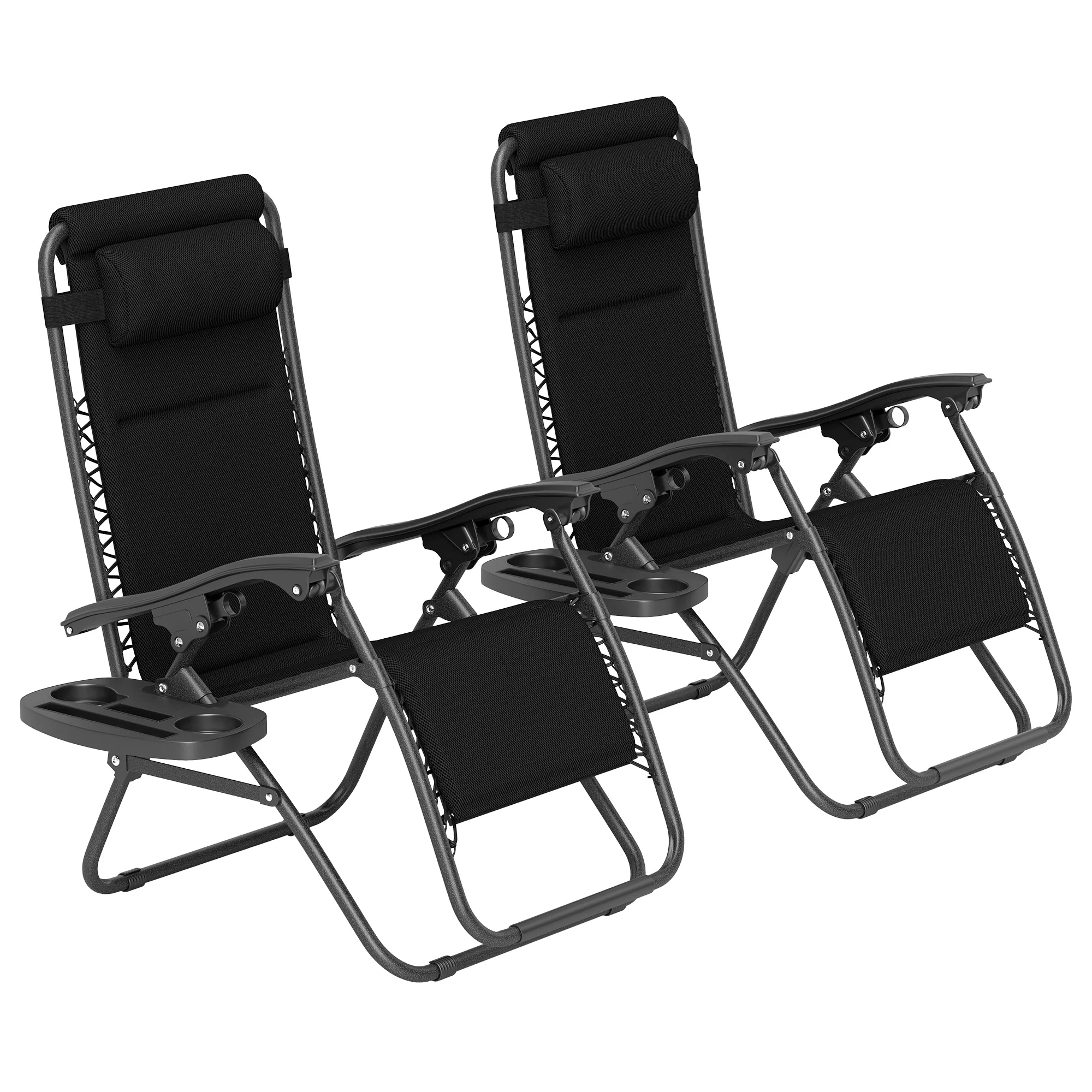 2-Piece Zero Gravity Folding Lounge Chair Set with Headrest & Tray, Black - Image 2