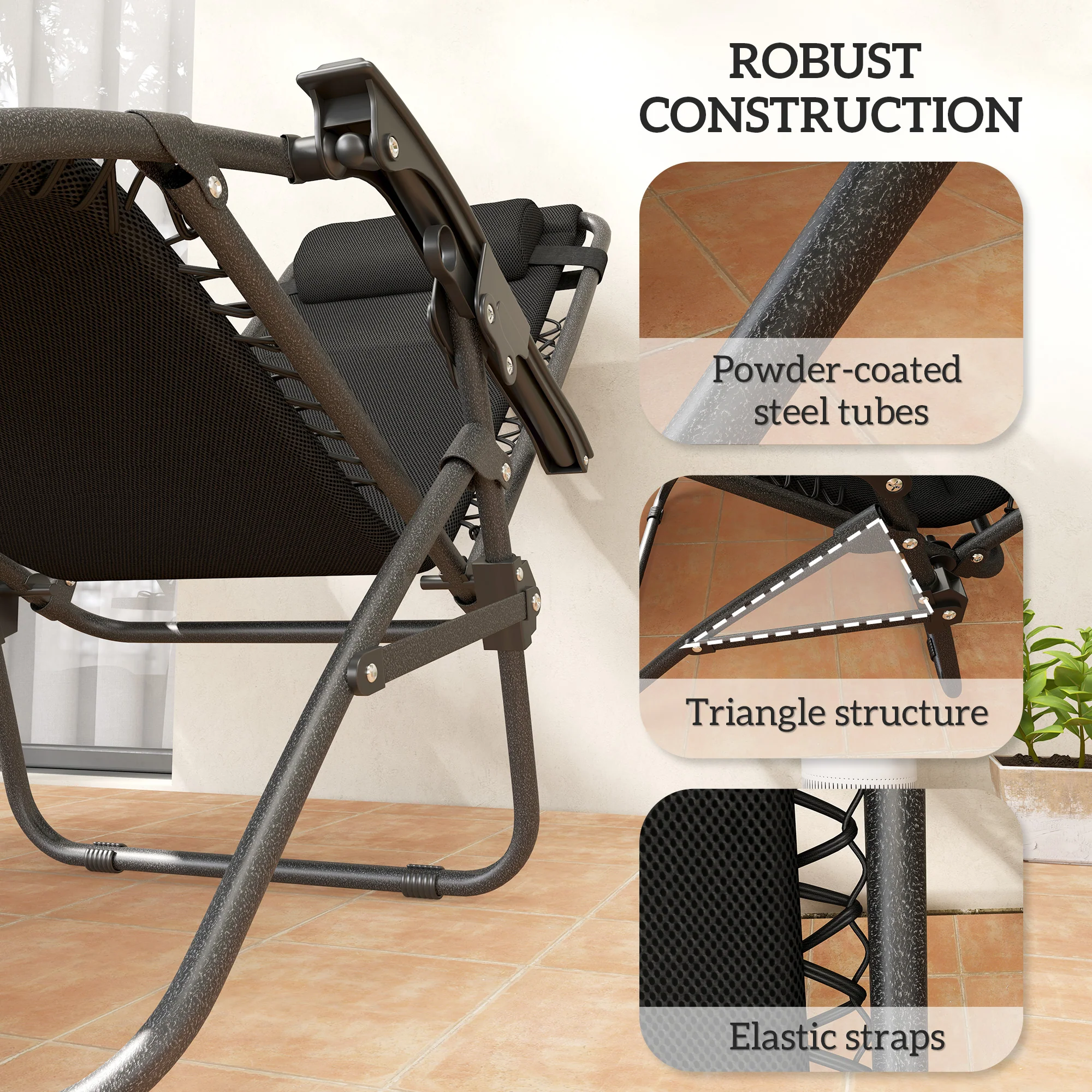 2-Piece Zero Gravity Folding Lounge Chair Set with Headrest & Tray, Black - Image 9