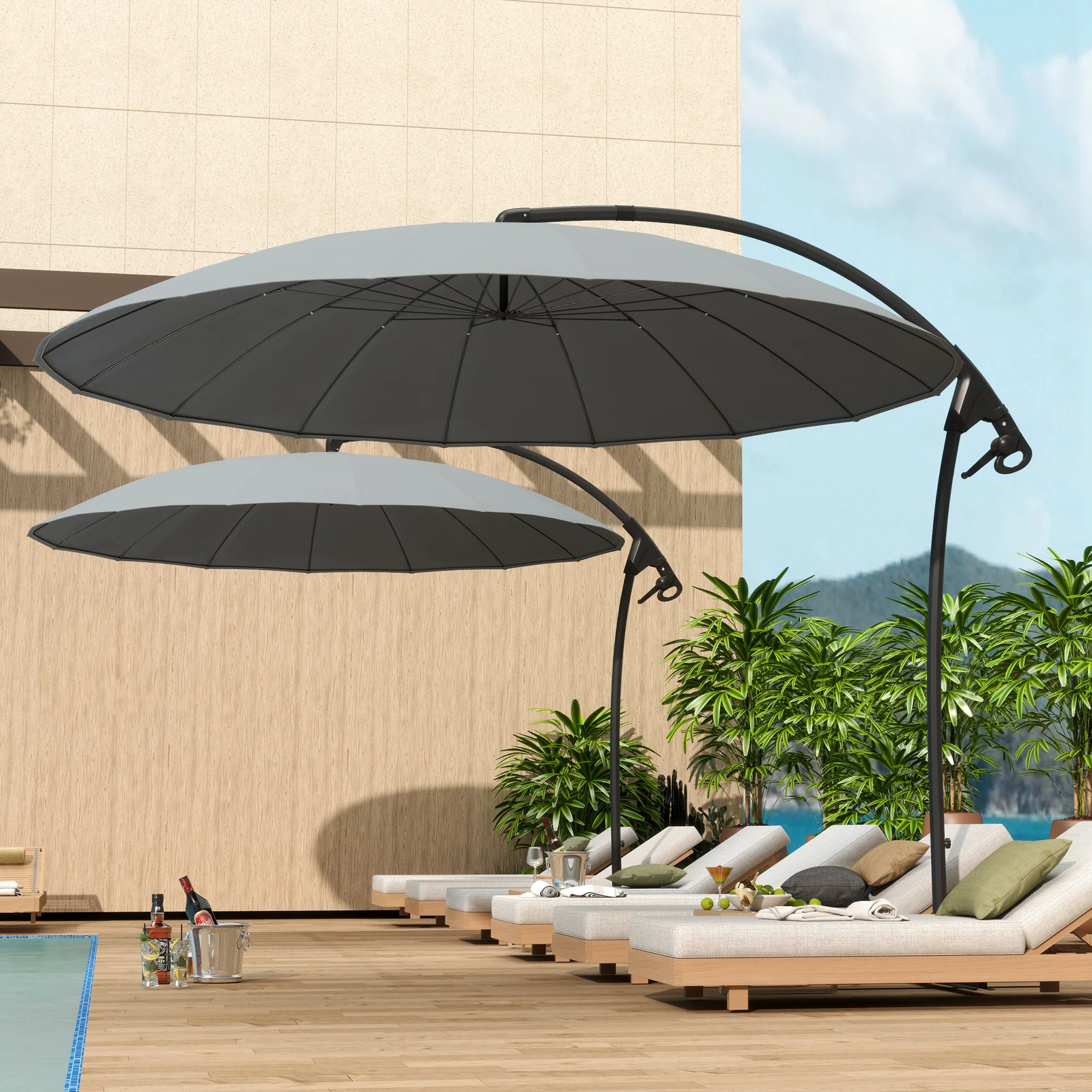 9' Cantilever Umbrella with 16 Fiberglass Ribs & Cross Base, Grey - Image 3
