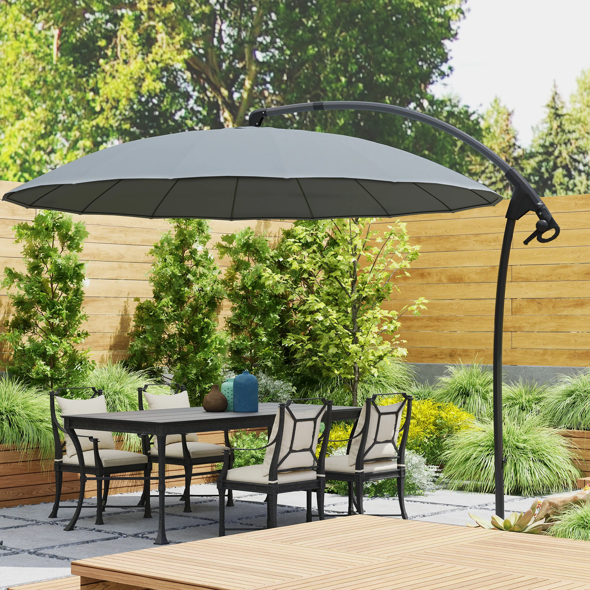9' Cantilever Umbrella with 16 Fiberglass Ribs & Cross Base, Grey - Image 4