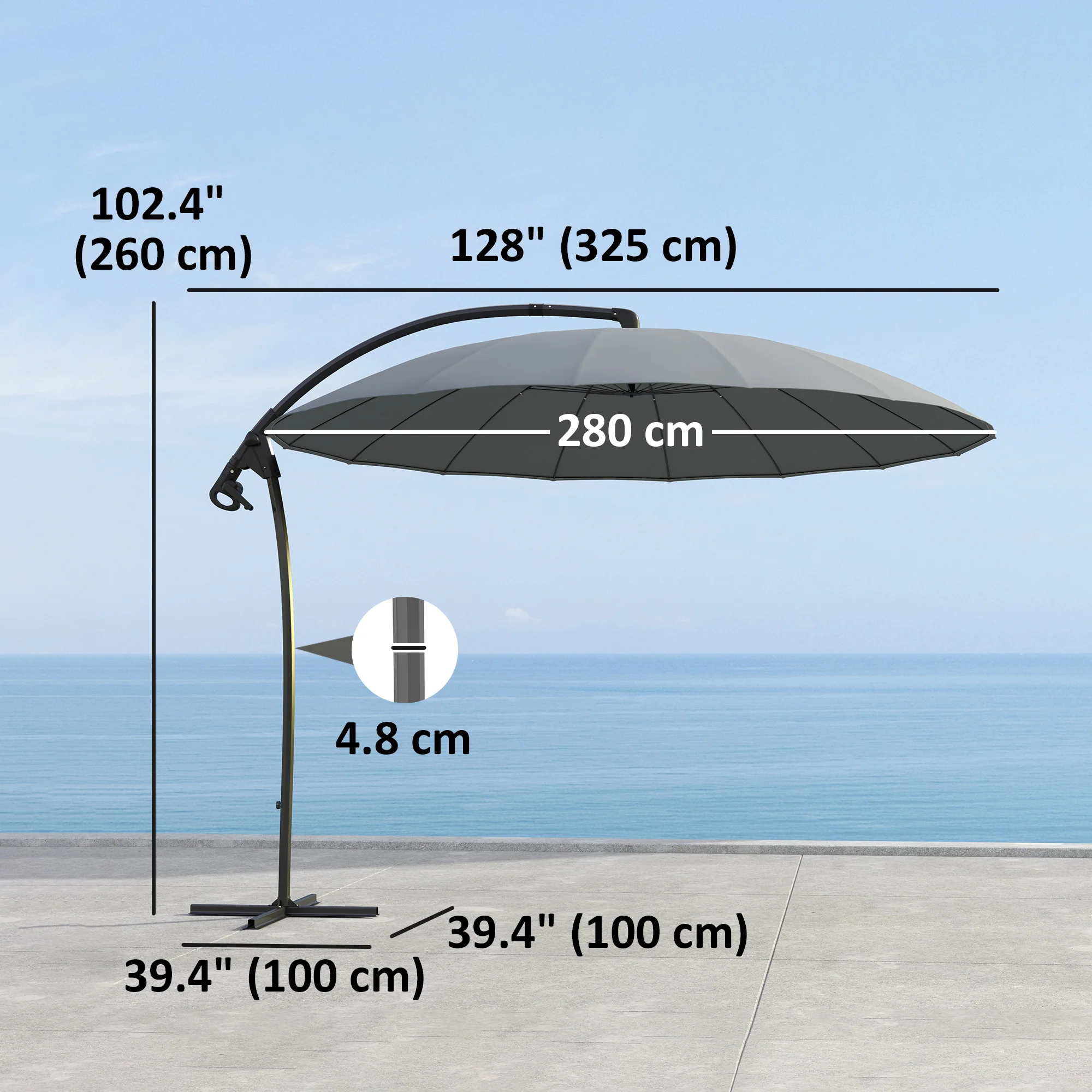 9' Cantilever Umbrella with 16 Fiberglass Ribs & Cross Base, Grey - Image 5