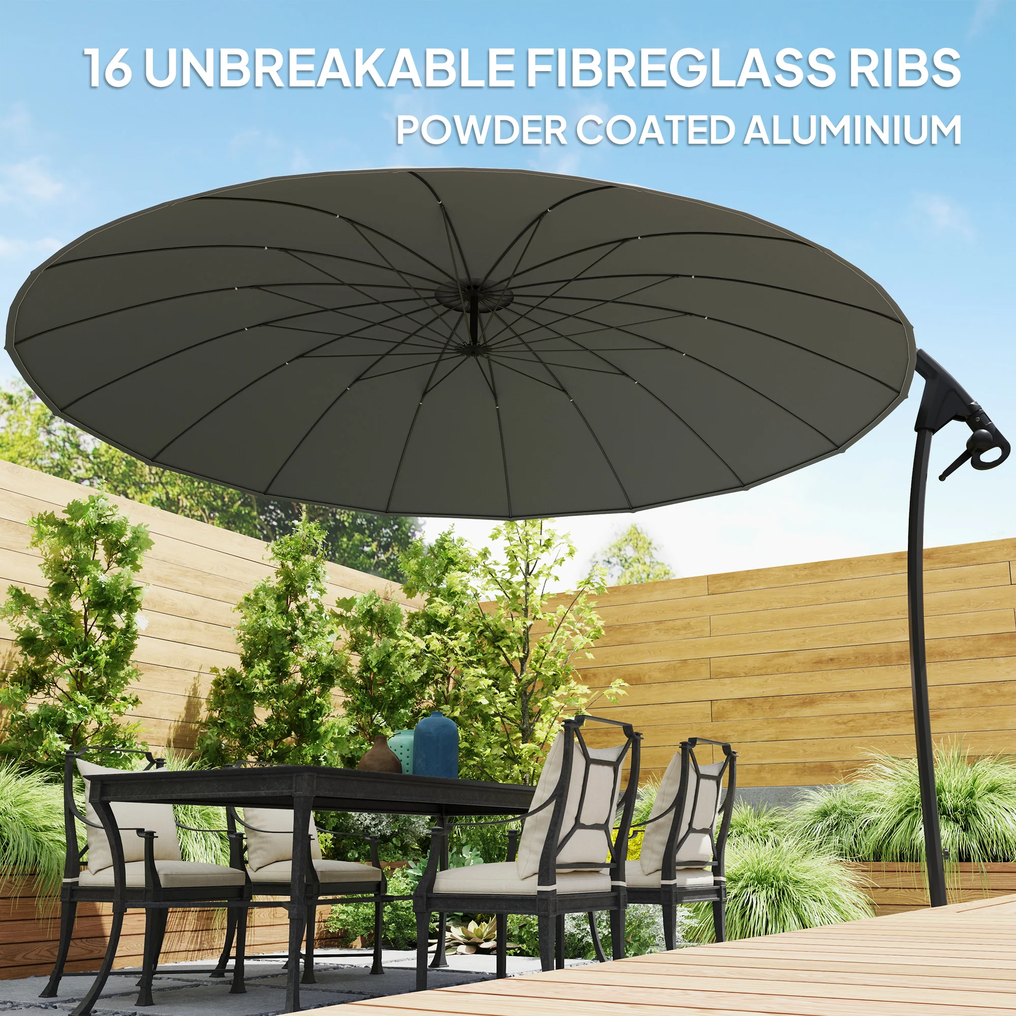 9' Cantilever Umbrella with 16 Fiberglass Ribs & Cross Base, Grey - Image 6