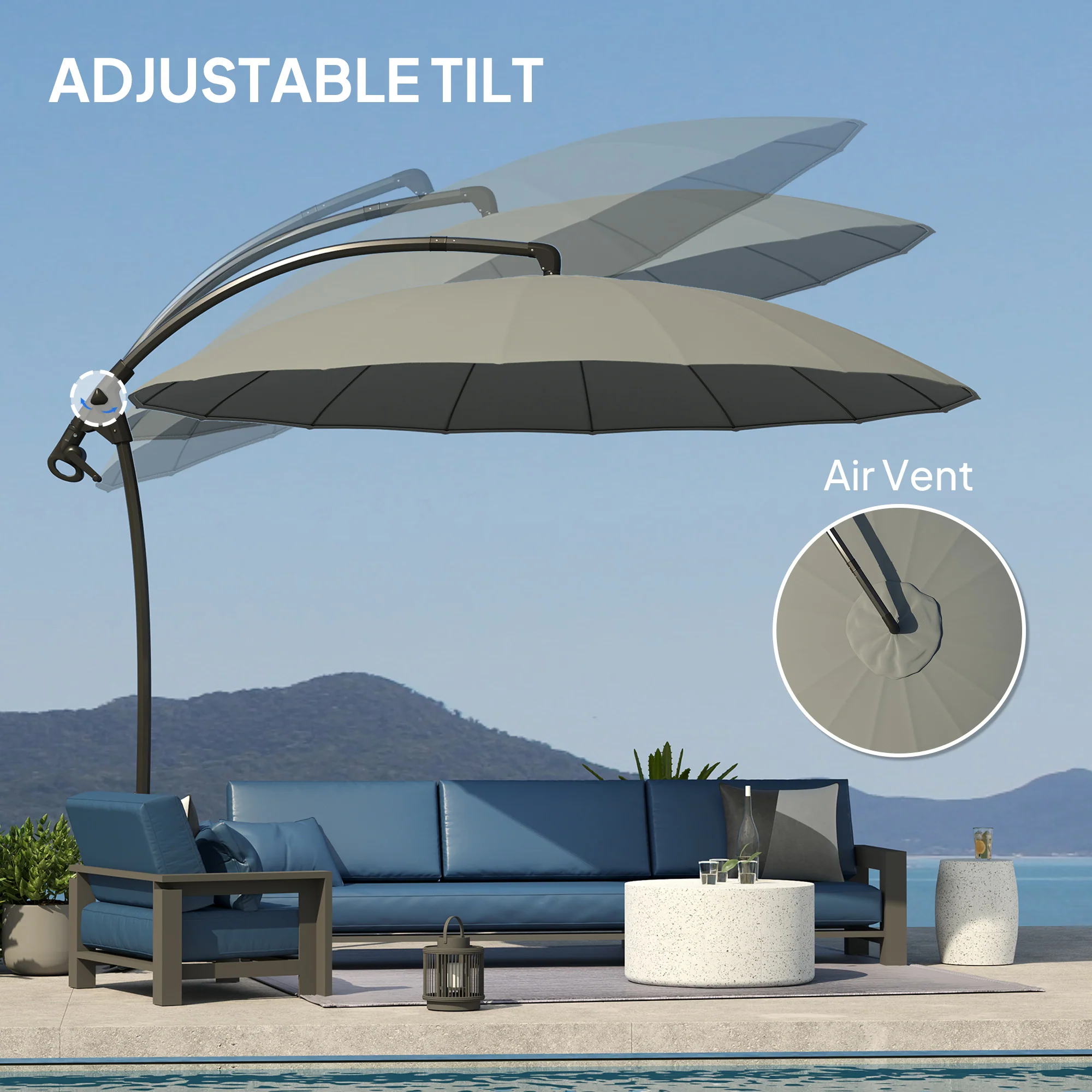 9' Cantilever Umbrella with 16 Fiberglass Ribs & Cross Base, Grey - Image 7