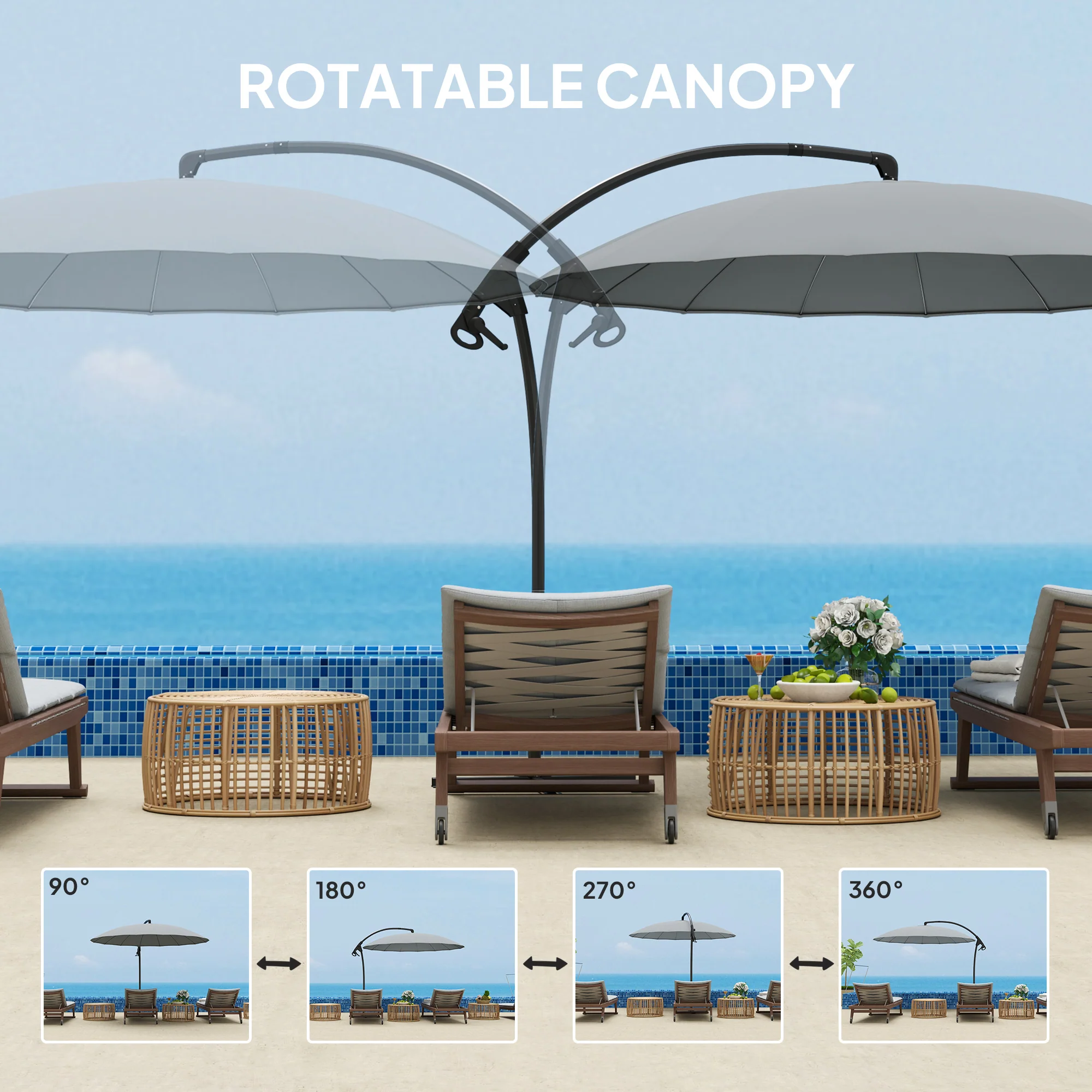 9' Cantilever Umbrella with 16 Fiberglass Ribs & Cross Base, Grey - Image 8