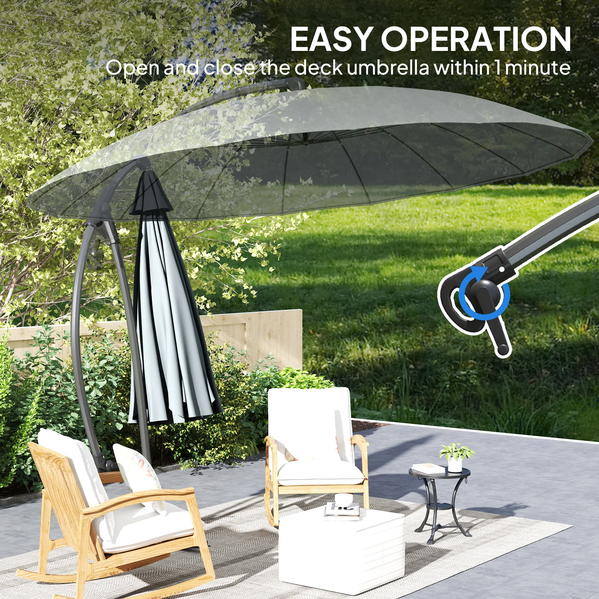 9' Cantilever Umbrella with 16 Fiberglass Ribs & Cross Base, Grey - Image 9