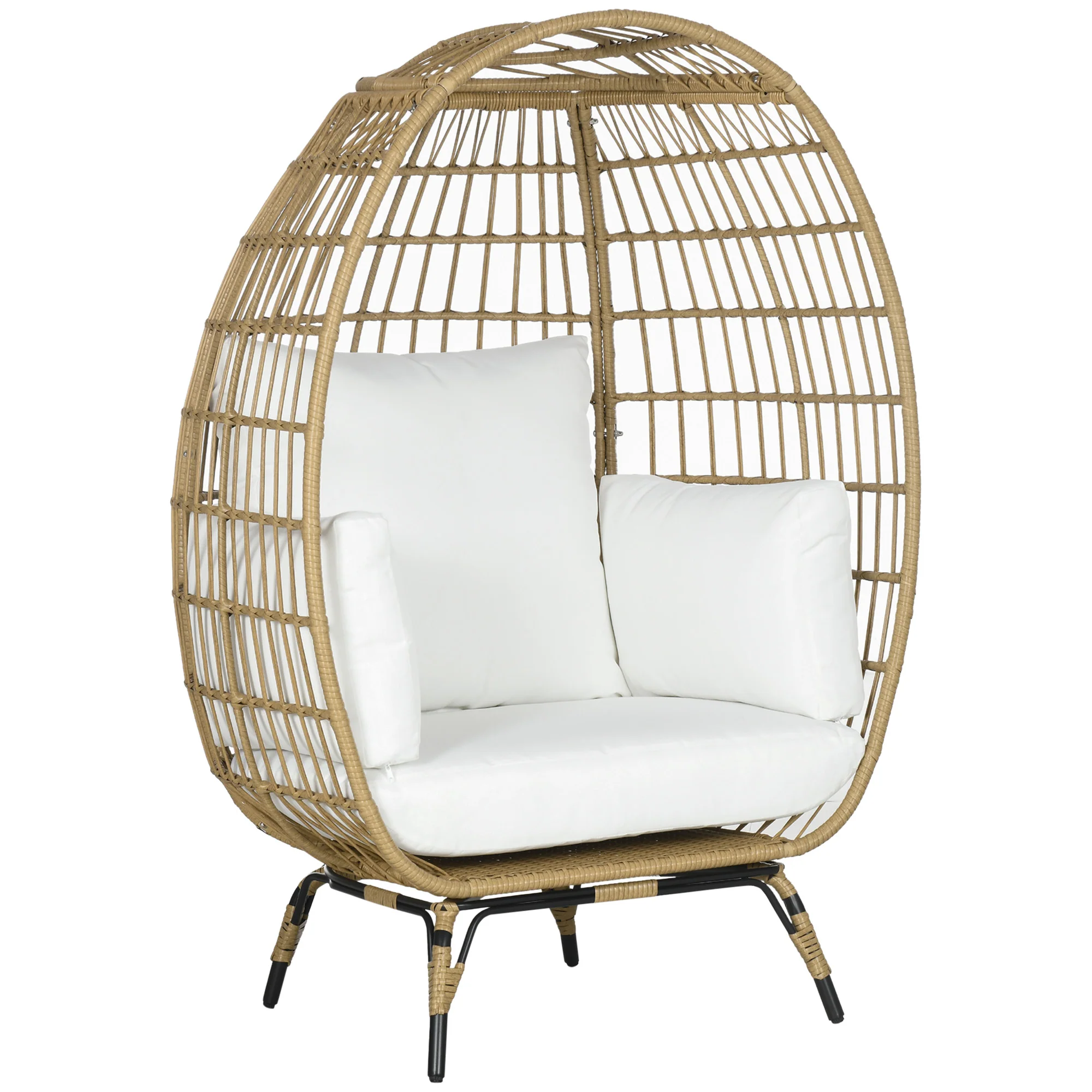 Oversized Rattan Egg Chair with Thickened Cushions & Pillows for Balcony, Porch, Khaki
