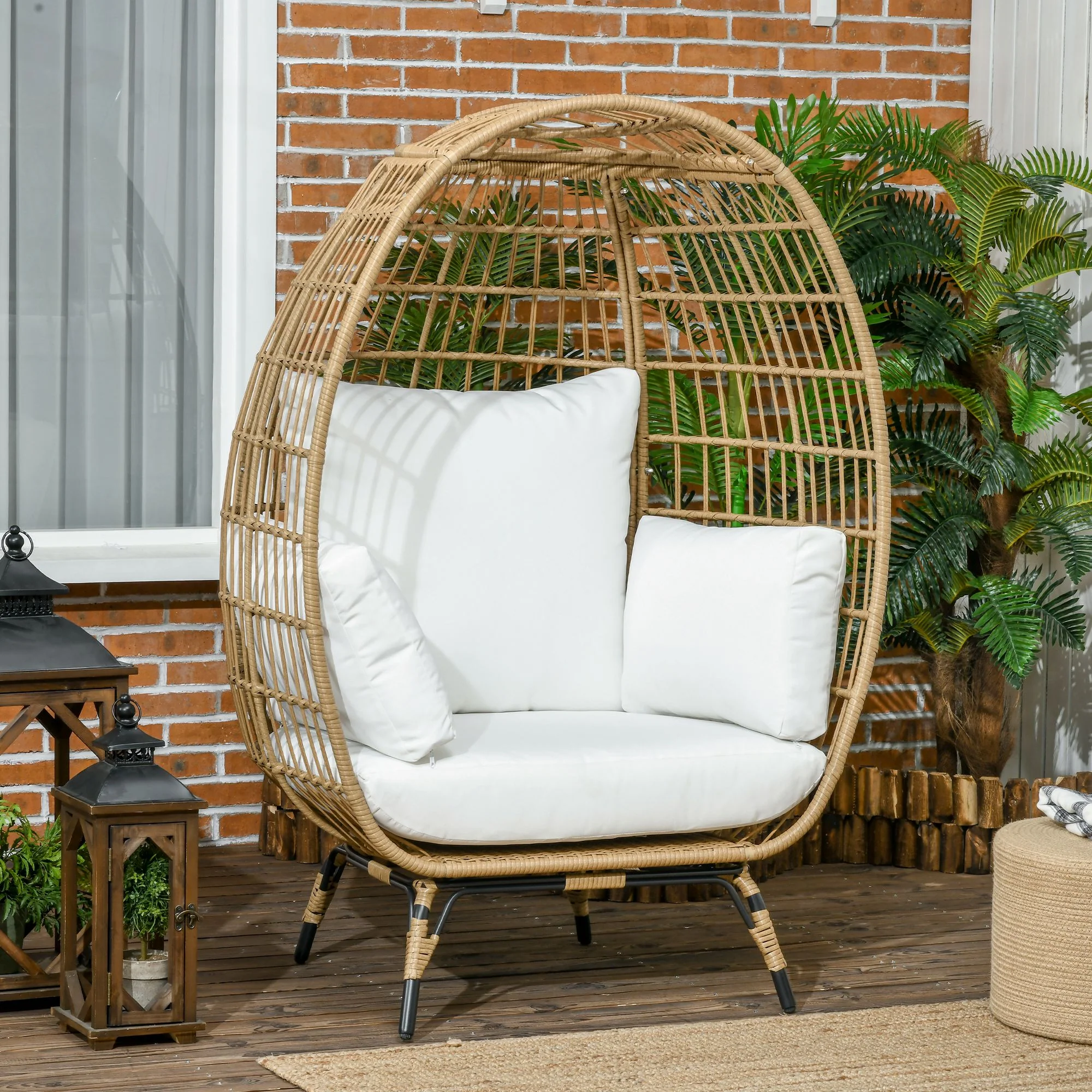 Oversized Rattan Egg Chair with Thickened Cushions & Pillows for Balcony, Porch, Khaki - Image 3