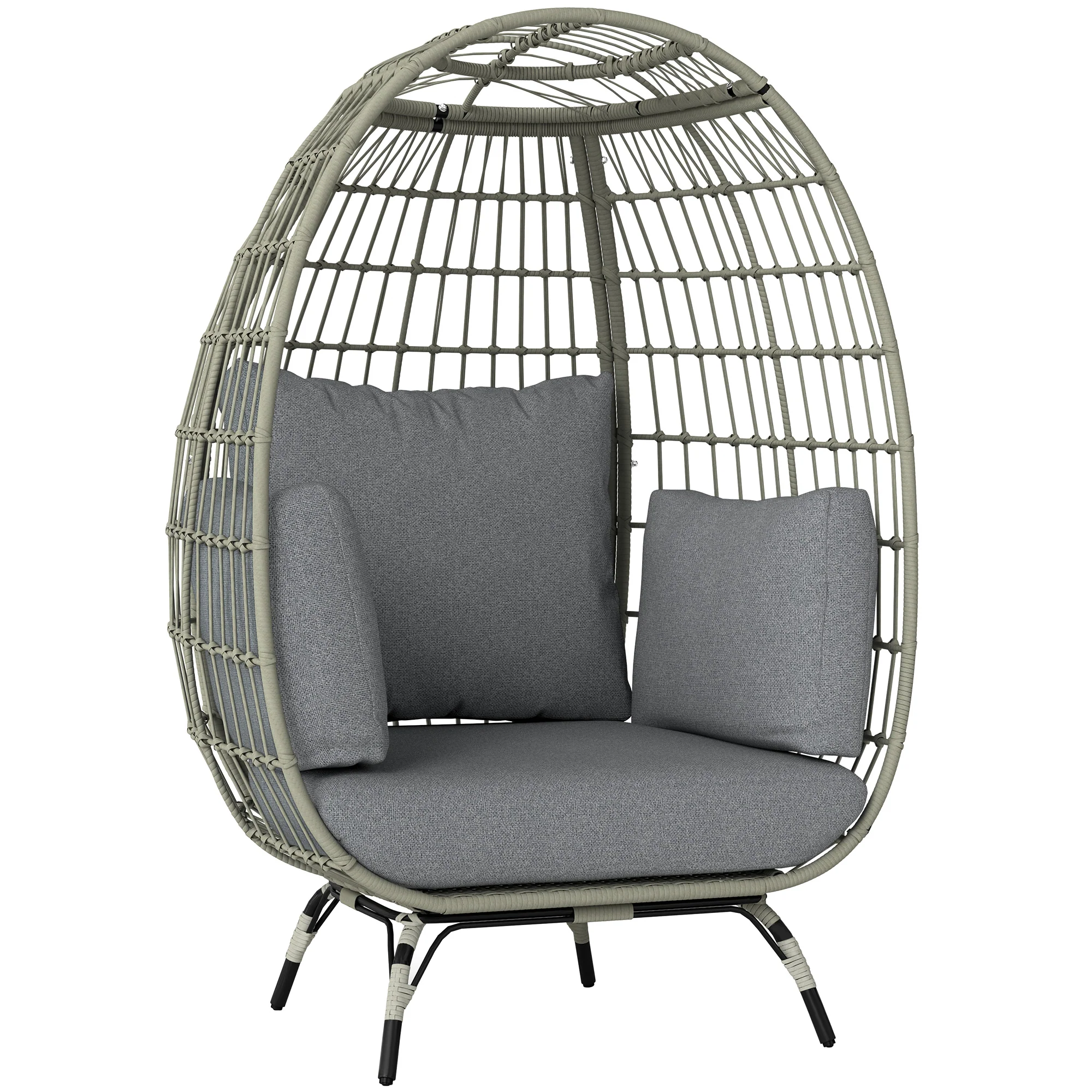 Oversized Rattan Egg Chair with Thickened Cushions & Pillows for Balcony, Porch, Charcoal Grey