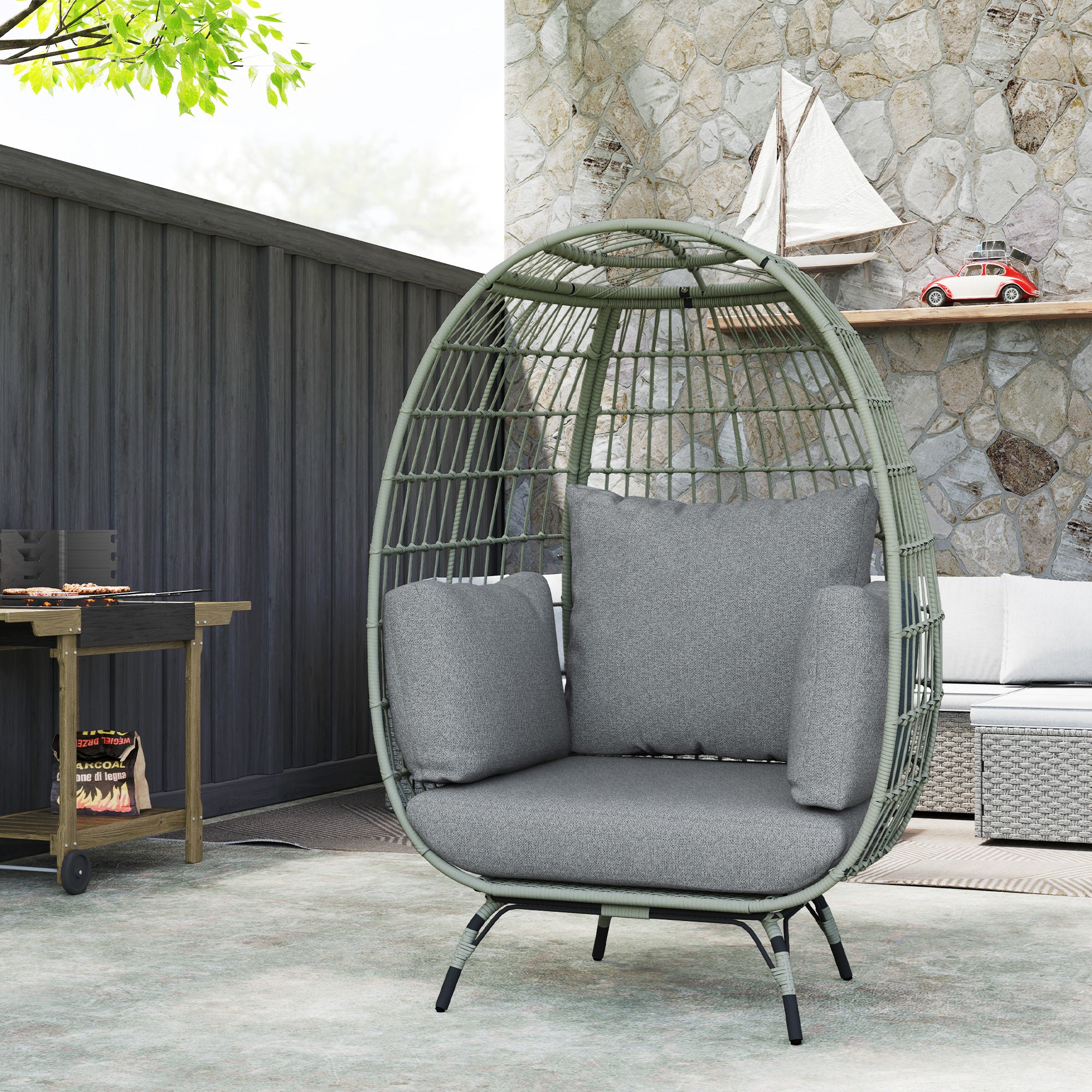 Oversized Rattan Egg Chair with Thickened Cushions & Pillows for Balcony, Porch, Charcoal Grey - Image 4